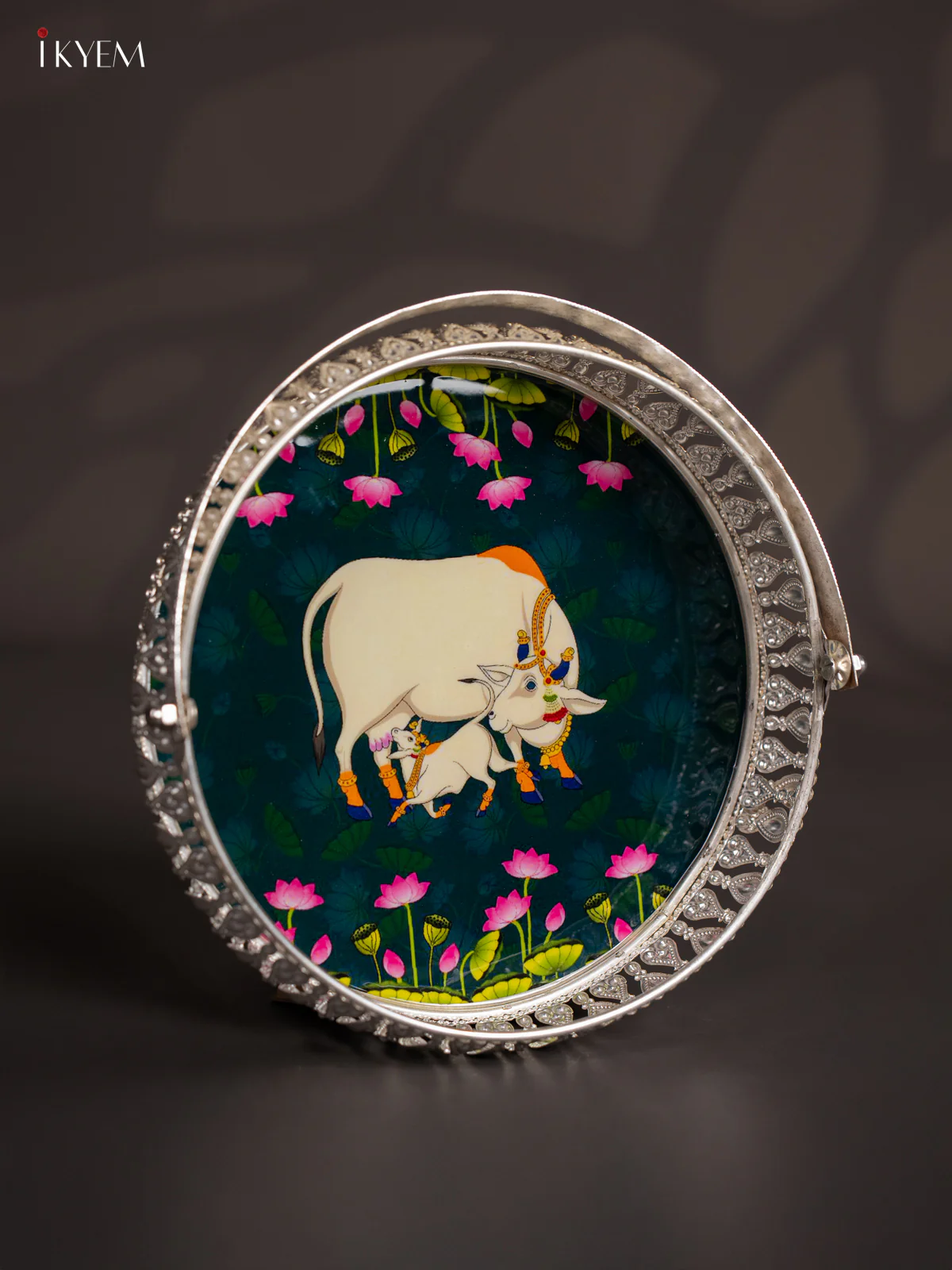 Cow Digital Printed German Silver Tray With Handle - Dark Green - 8 Inch - KJ31206 - Image 3