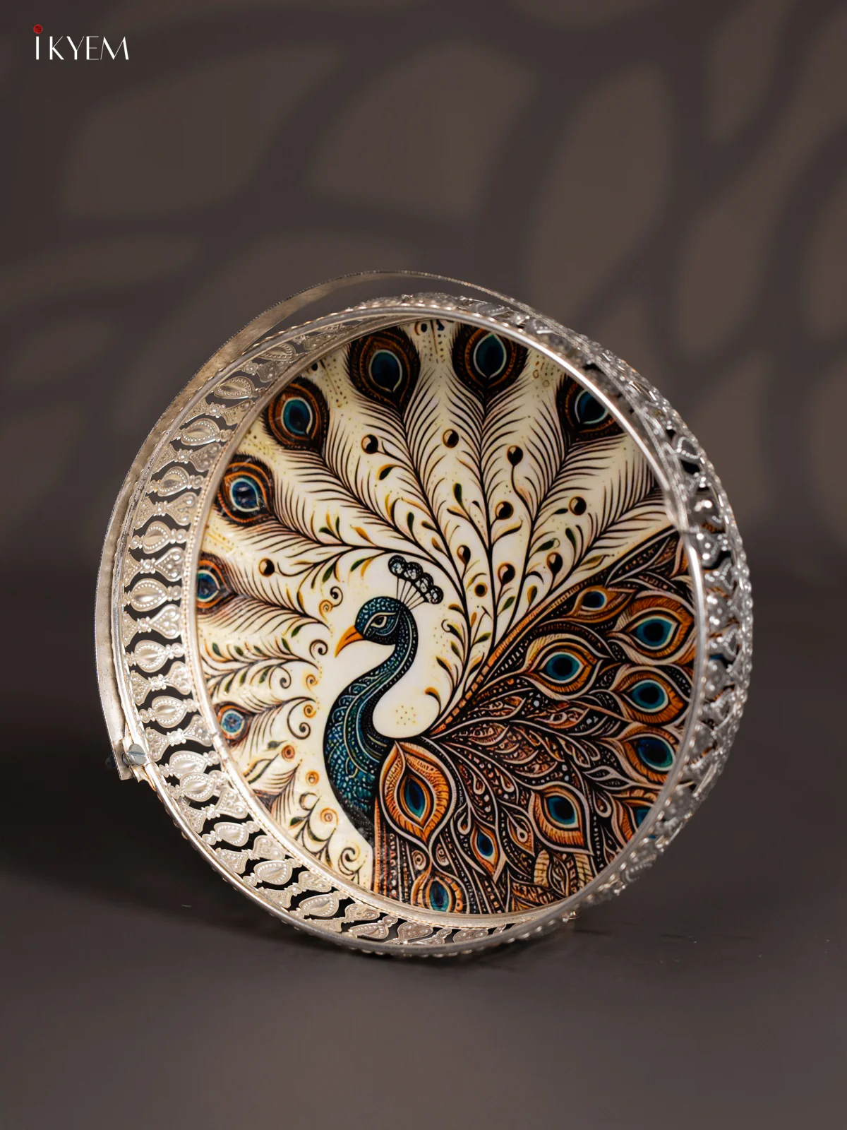 Peacock Digital Printed German Silver Tray With Handle - white - 8 Inch - KJ31207 - Image 3