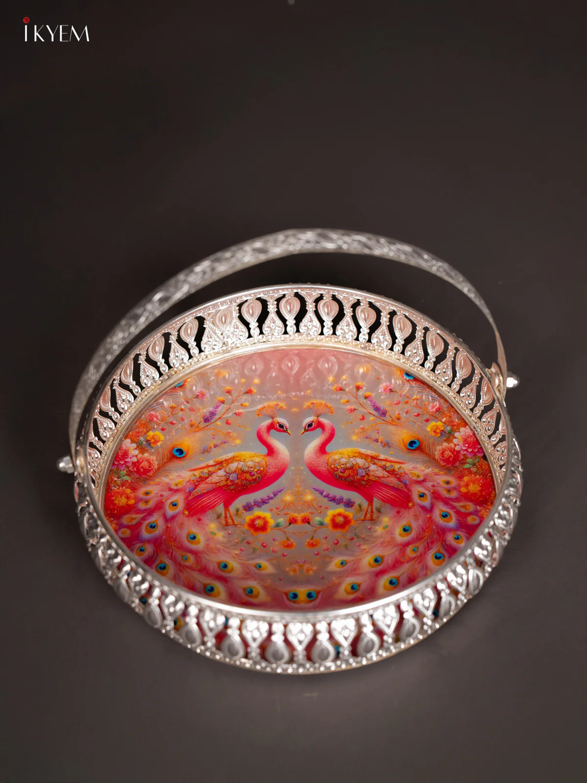 Digital Printed German Silver Tray With Handle - Peacock - 8 Inch - KJ31210