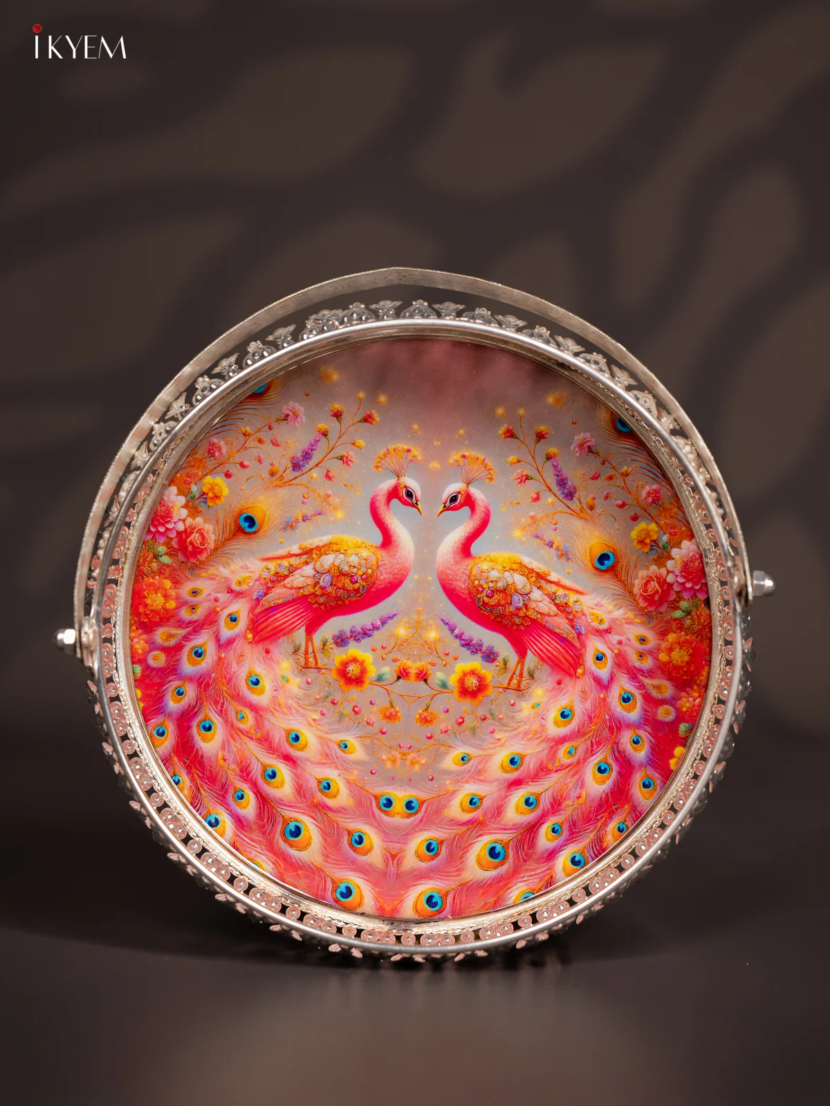 Digital Printed German Silver Tray With Handle - Peacock - 8 Inch - KJ31210 - Image 2