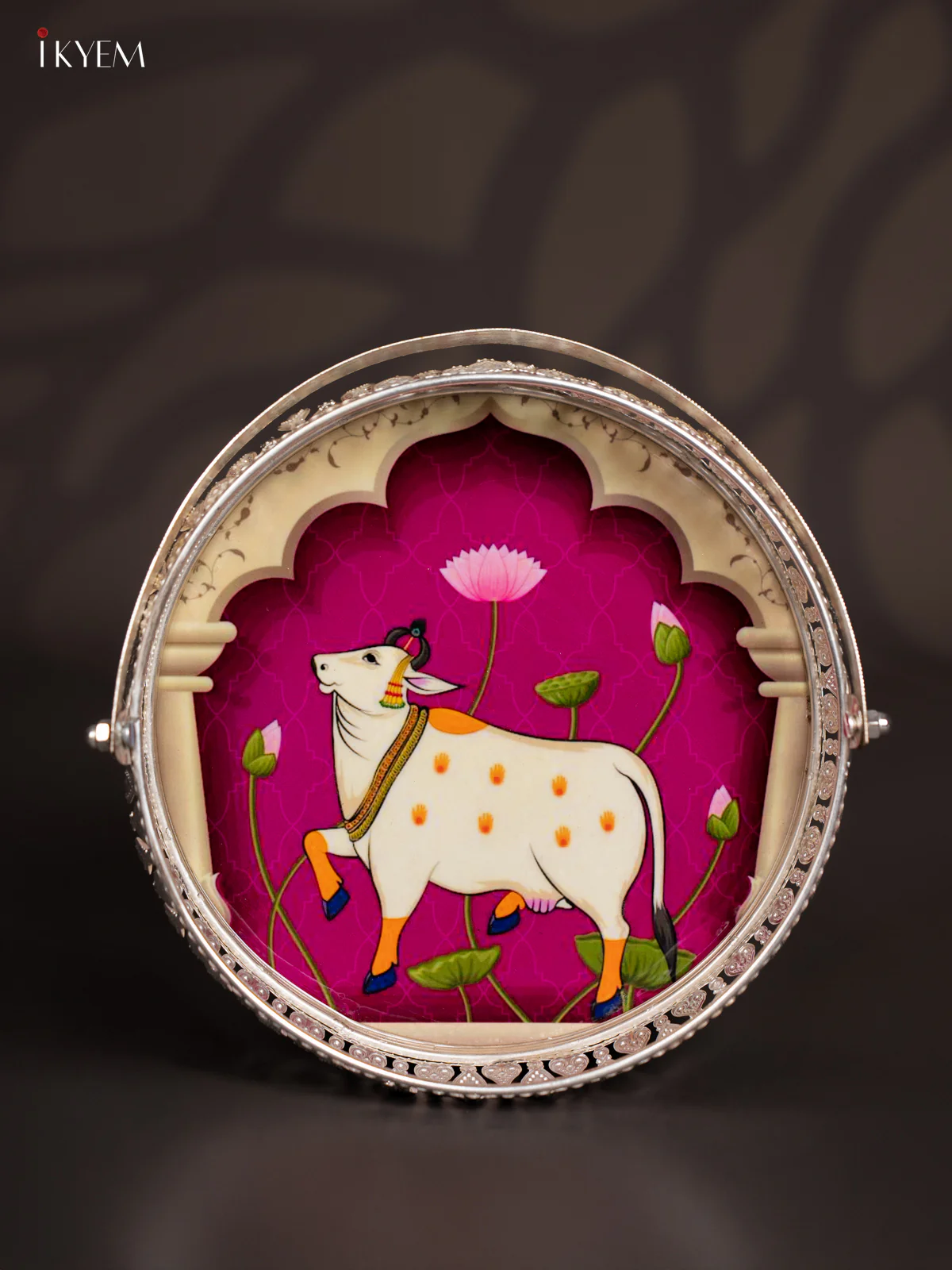 Cow Digital Printed German Silver Tray With Handle - Purple - 8 Inch - KJ31213 - Image 3