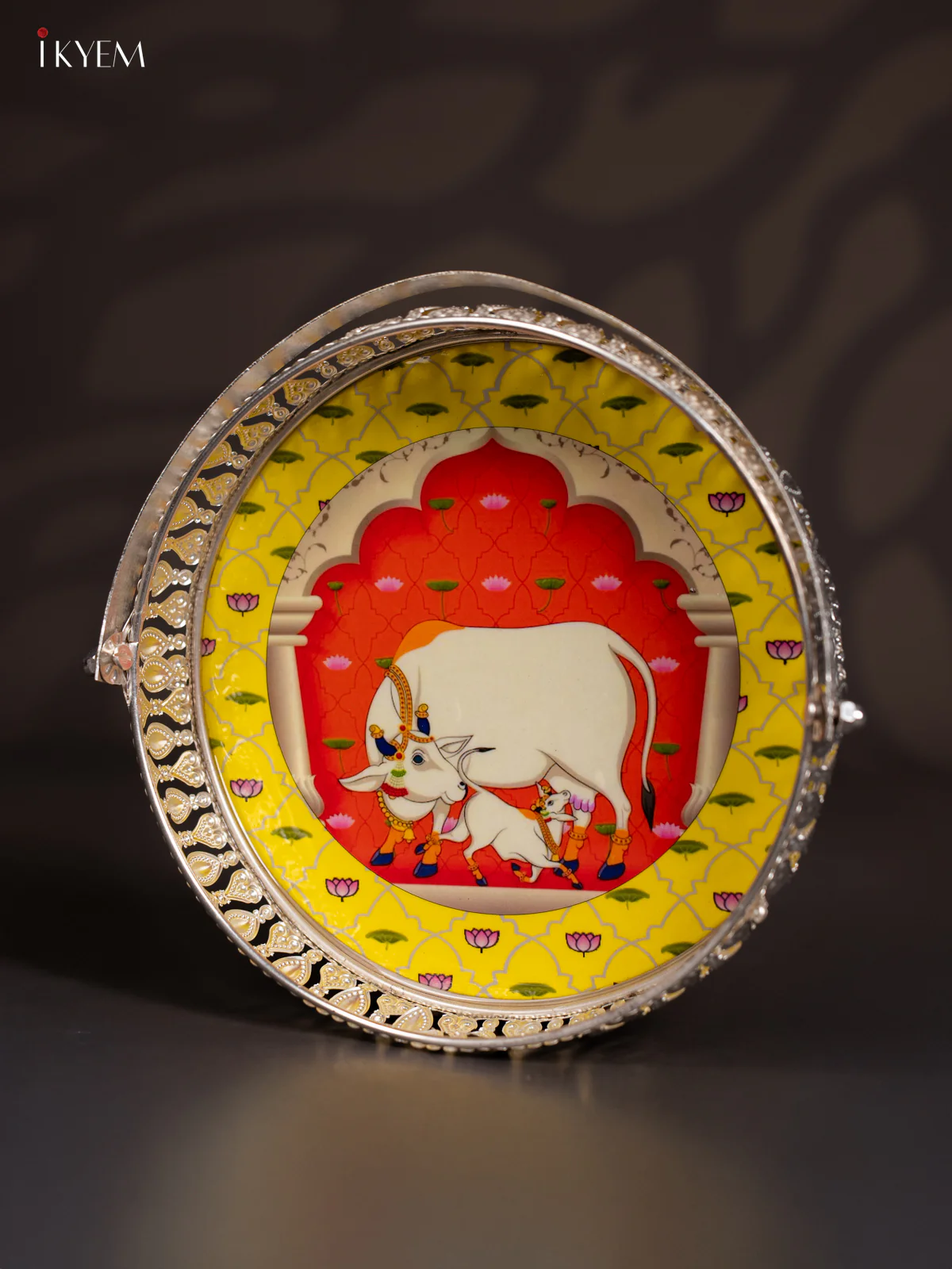 Cow & Calf Digital Printed German Silver Tray With Handle - Yellow - 8 Inch - KJ31214 - Image 3