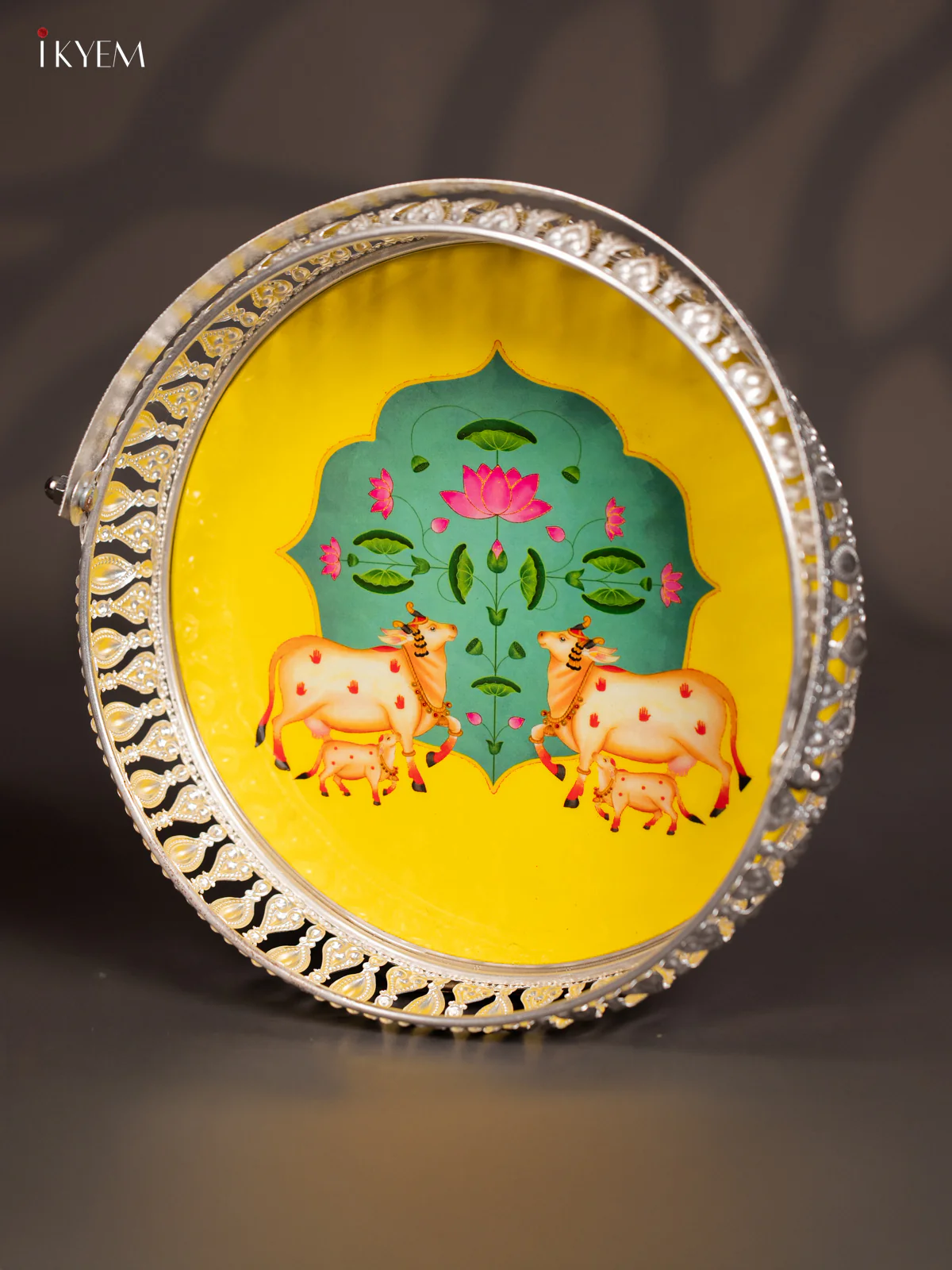 Cow & Calf Digital Printed German Silver Tray With Handle - Yellow - 8 Inch - KJ31220 - Image 3