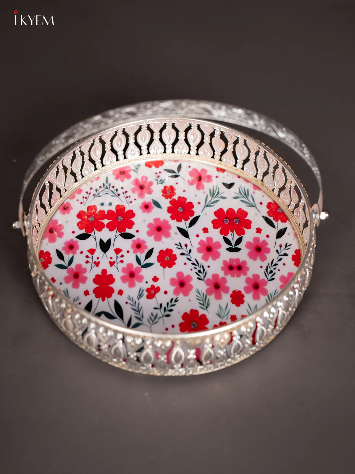 Floral Digital Printed German Silver Tray With Handle - White - 8 Inch - KJ31221