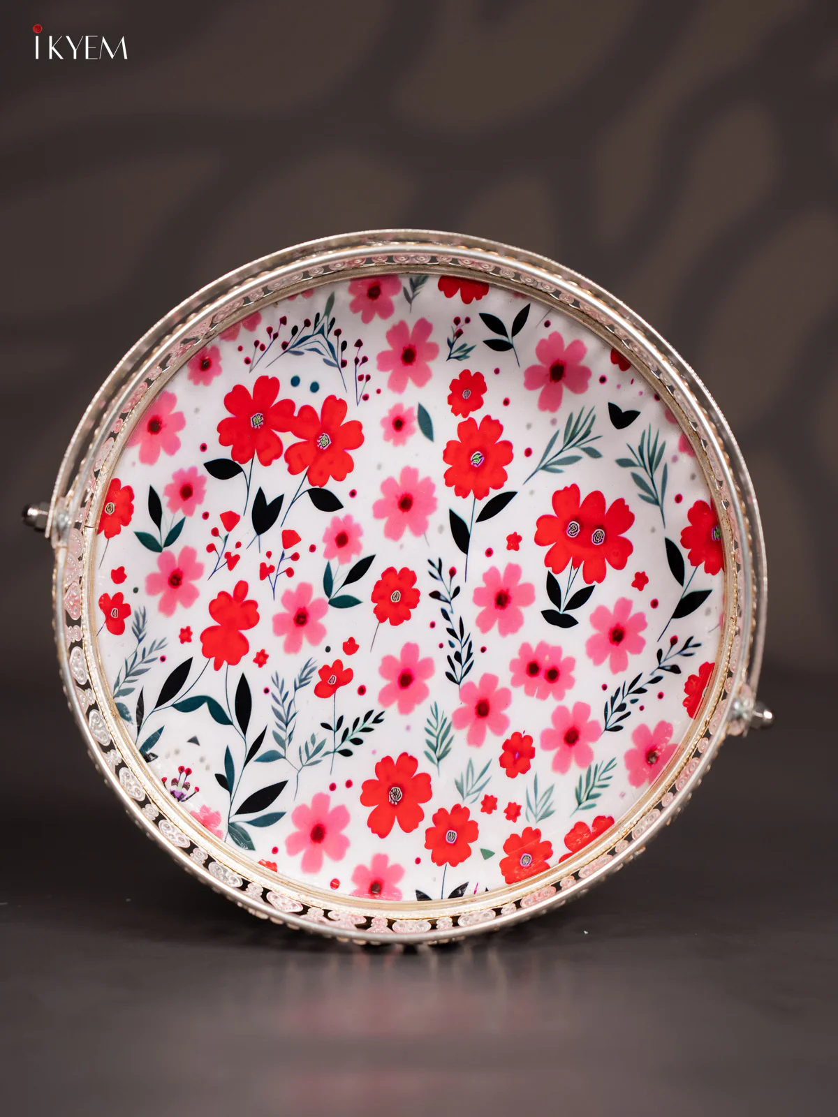 Floral Digital Printed German Silver Tray With Handle - White - 8 Inch - KJ31221 - Image 2