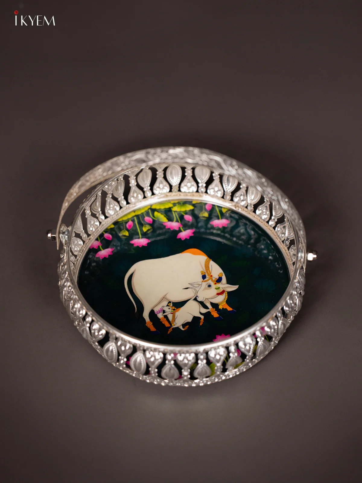 Cow & Calf Digital Printed German Silver Tray With Handle - Dark Green - 6 Inch - KJ31227