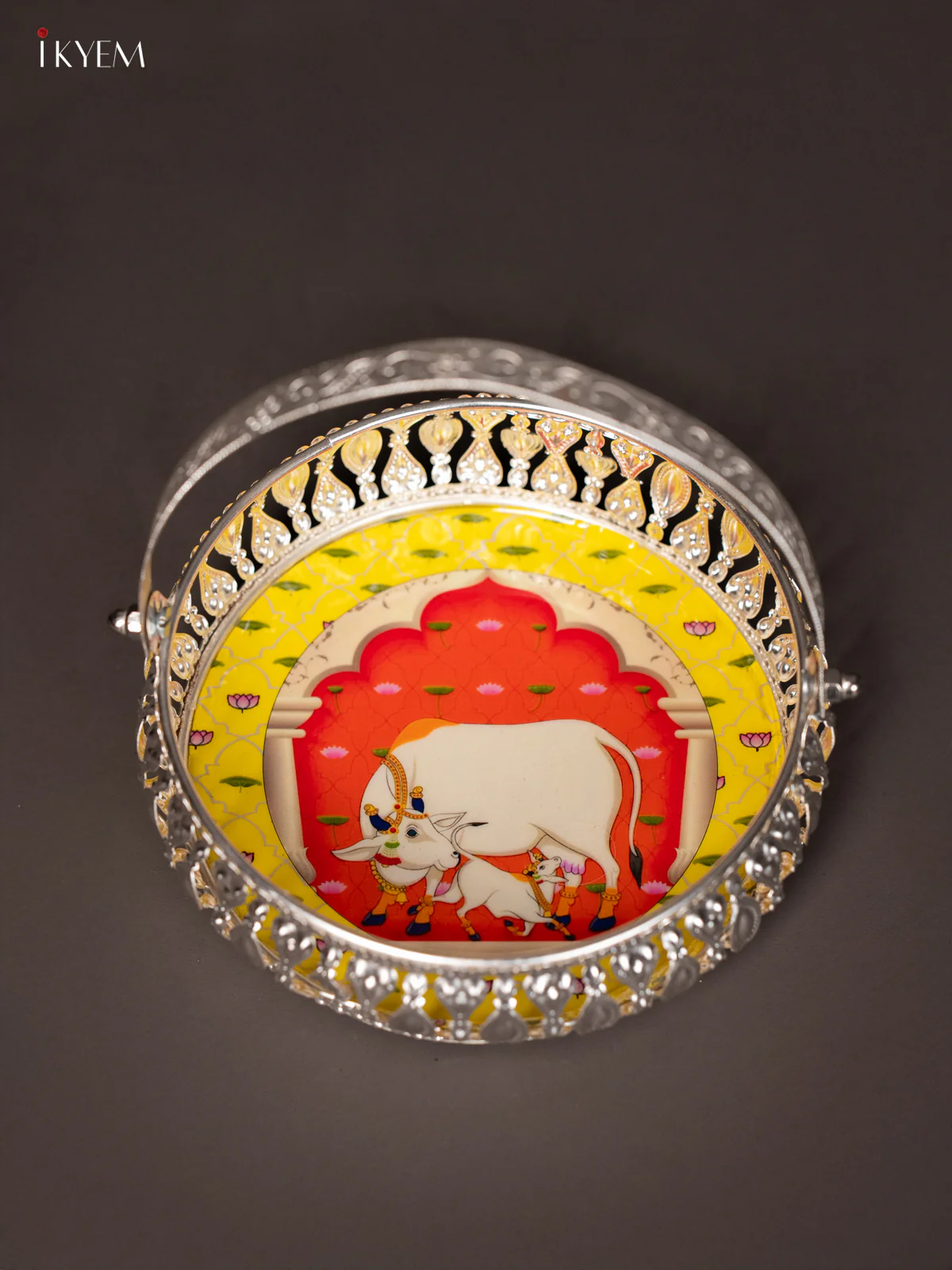 Cow & Calf Digital Printed German Silver Tray With Handle - Yellow - 6 Inch - KJ31228