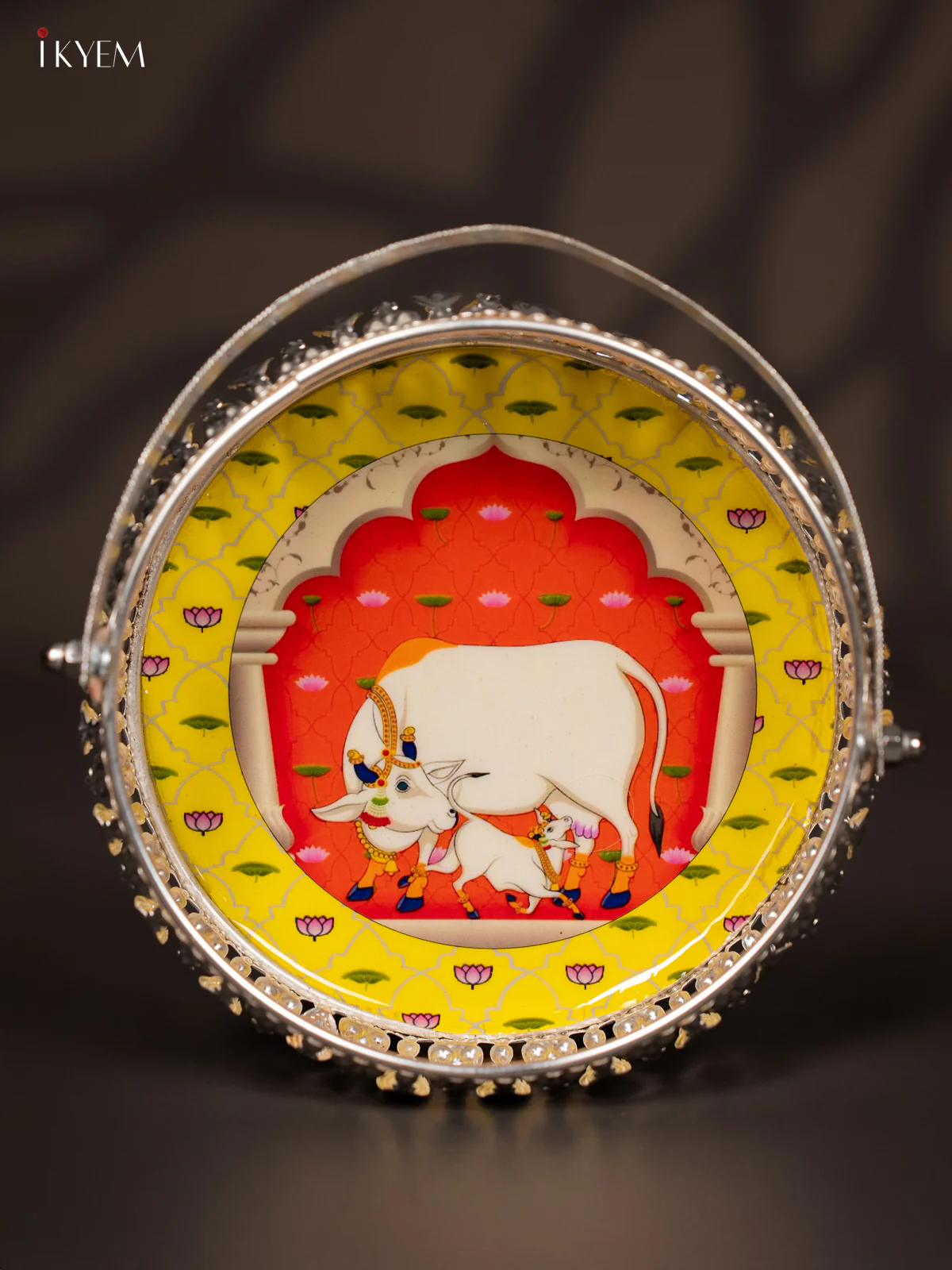 Cow & Calf Digital Printed German Silver Tray With Handle - Yellow - 6 Inch - KJ31228 - Image 2