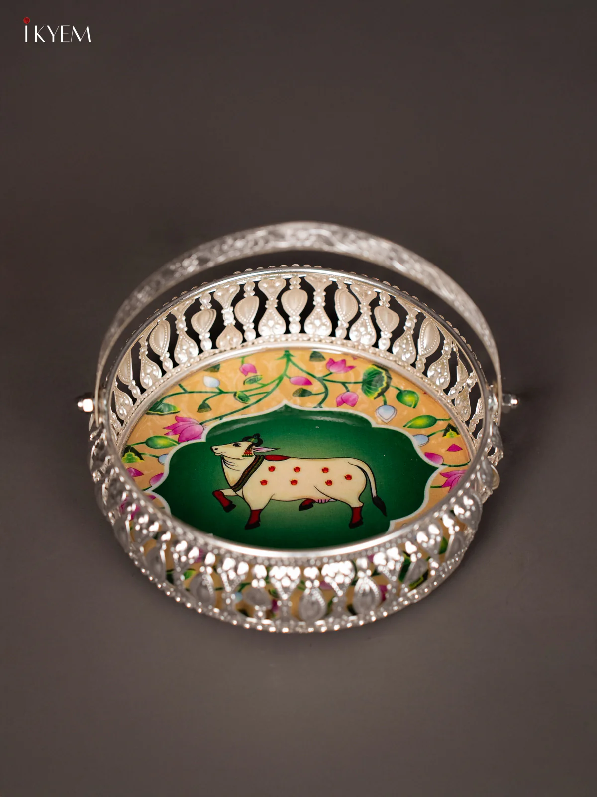 Cow Digital Printed German Silver Tray With Handle - Green - 6 inch - KJ31229