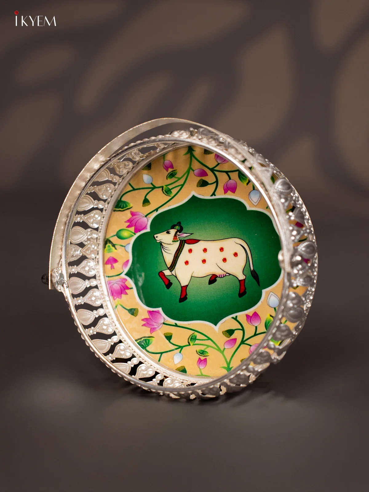 Cow Digital Printed German Silver Tray With Handle - Green - 6 inch - KJ31229 - Image 4