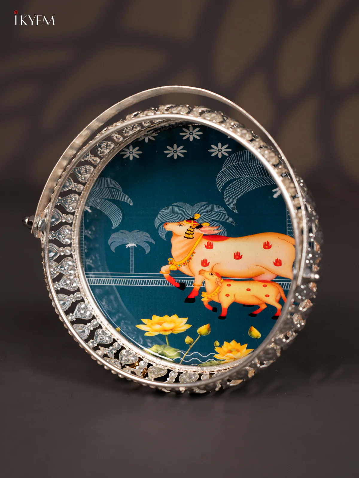Cow & Calf Digital Printed German Silver Tray With Handle - Dark blue - 6 Inch - KJ31230 - Image 3