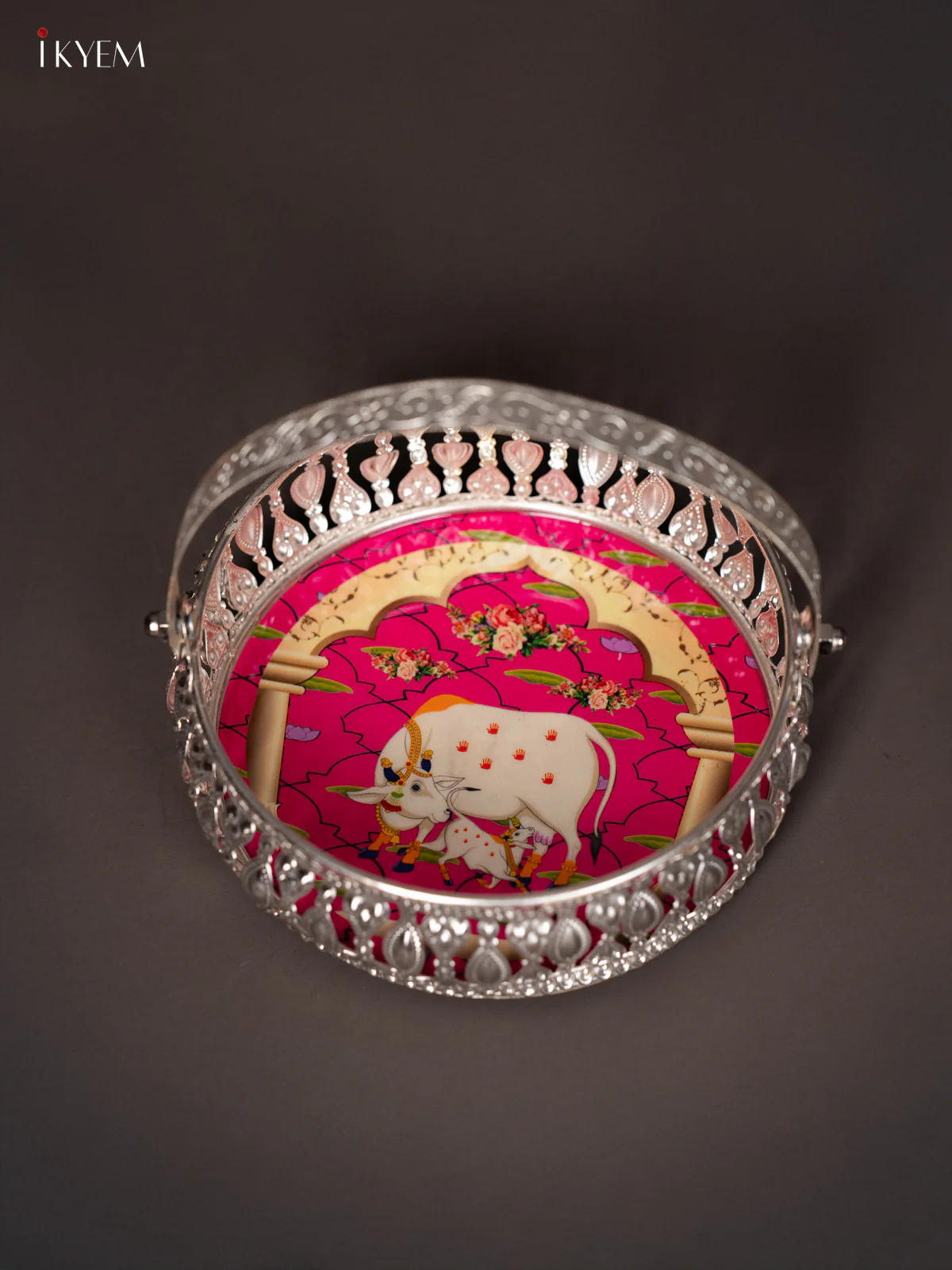 Cow & calf Digital Printed German Silver Tray With Handle - Pink - 6 Inch - KJ31232