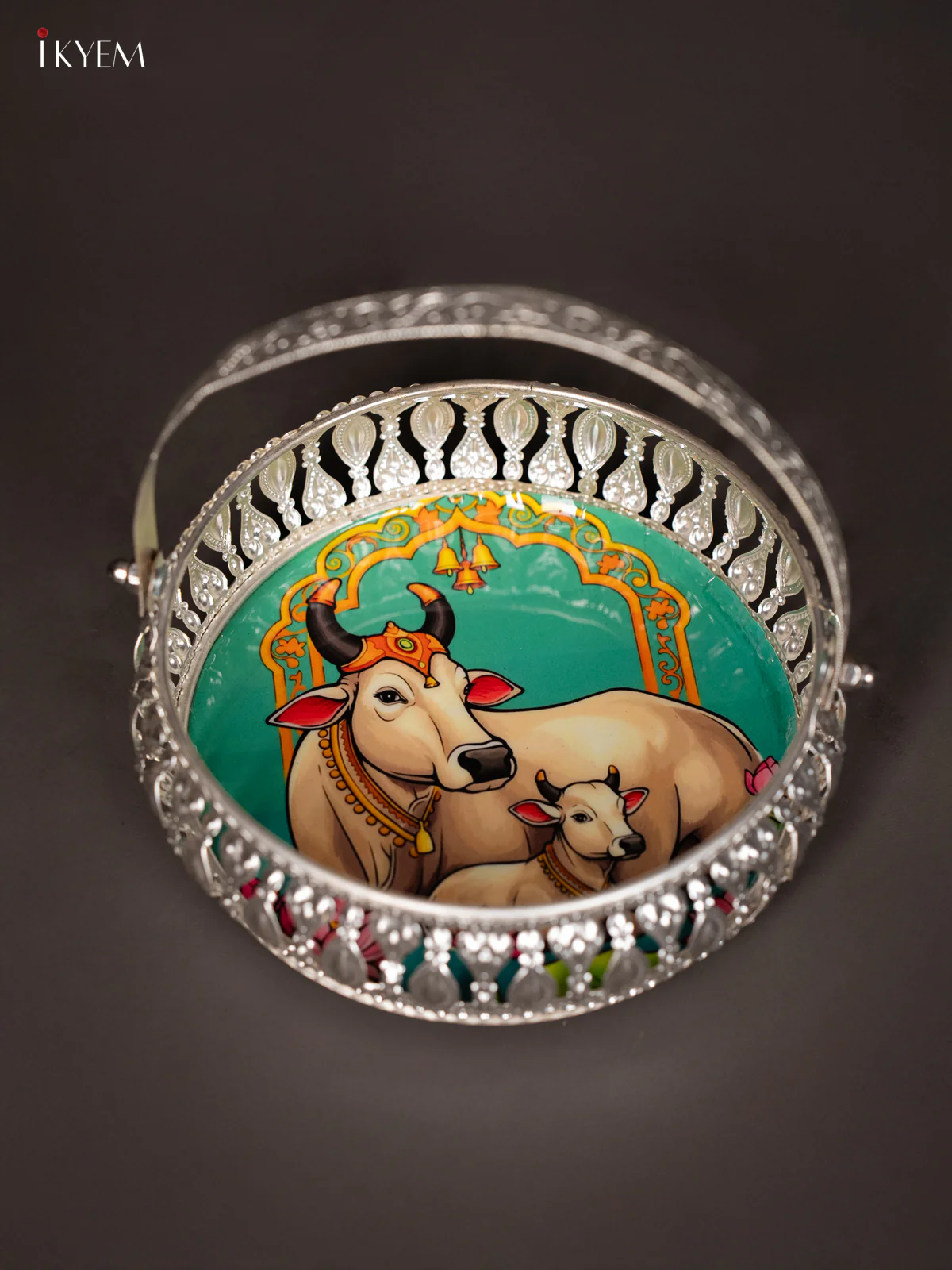Cow & Calf Digital Printed German Silver Tray With Handle - Teal - 6 Inch - KJ31234