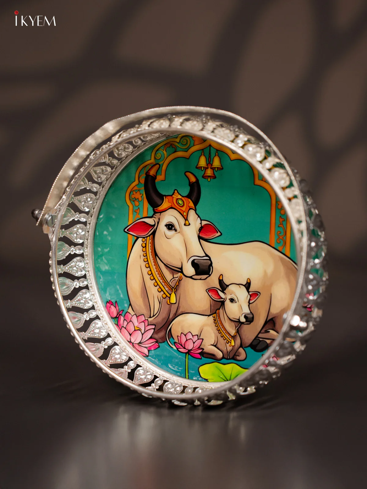 Cow & Calf Digital Printed German Silver Tray With Handle - Teal - 6 Inch - KJ31234 - Image 3