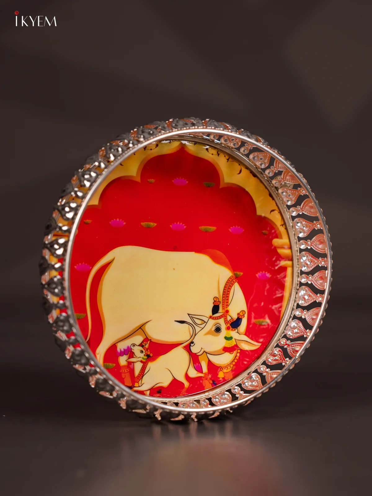 Cow & Calf Digital Printed German Silver Tray - Orange - 6 Inch - KJ31243 - Image 2