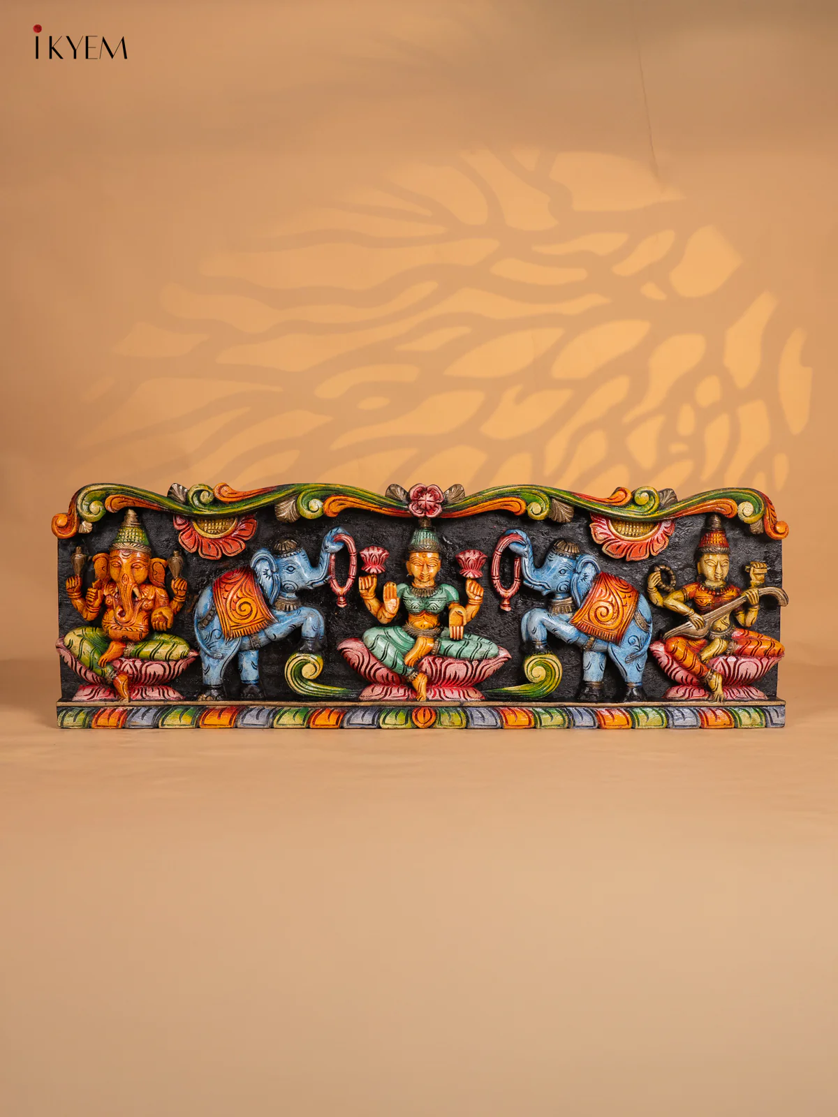 Wooden Handpainted Gajalakshmi Ganesha Saraswathi Panel - (12×36) Inch - KK01154