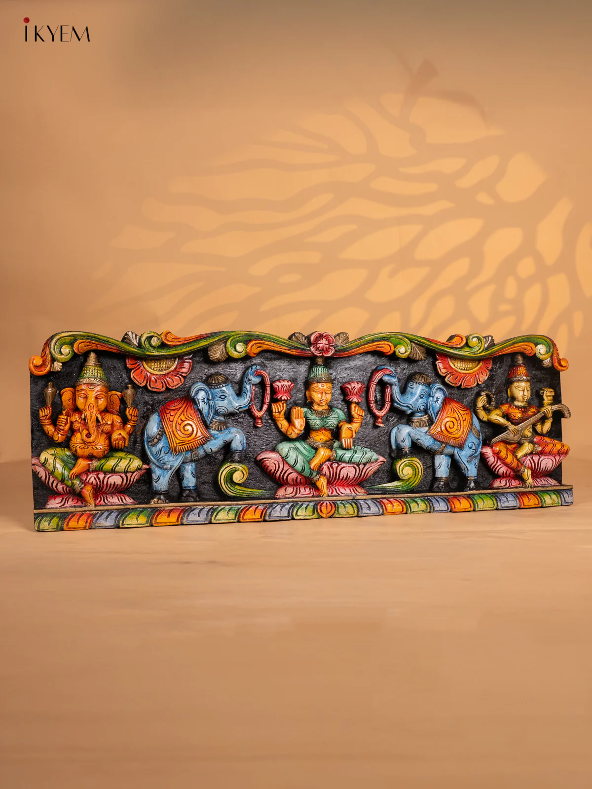 Wooden Handpainted Gajalakshmi Ganesha Saraswathi Panel - (12×36) Inch - KK01154 - Image 6