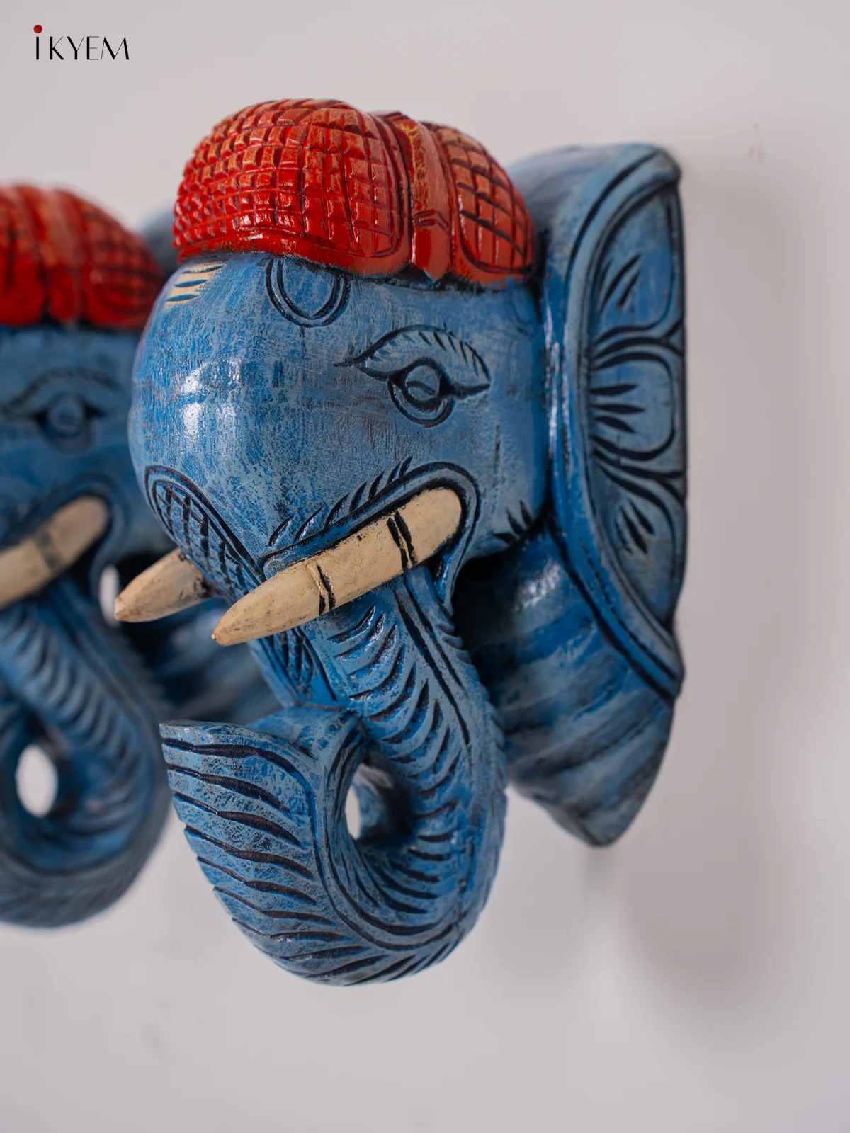 Wooden Hand Painted Carved Elephant Head Wall Bracket - Set of 2 - Blue -KK01155 - Image 2