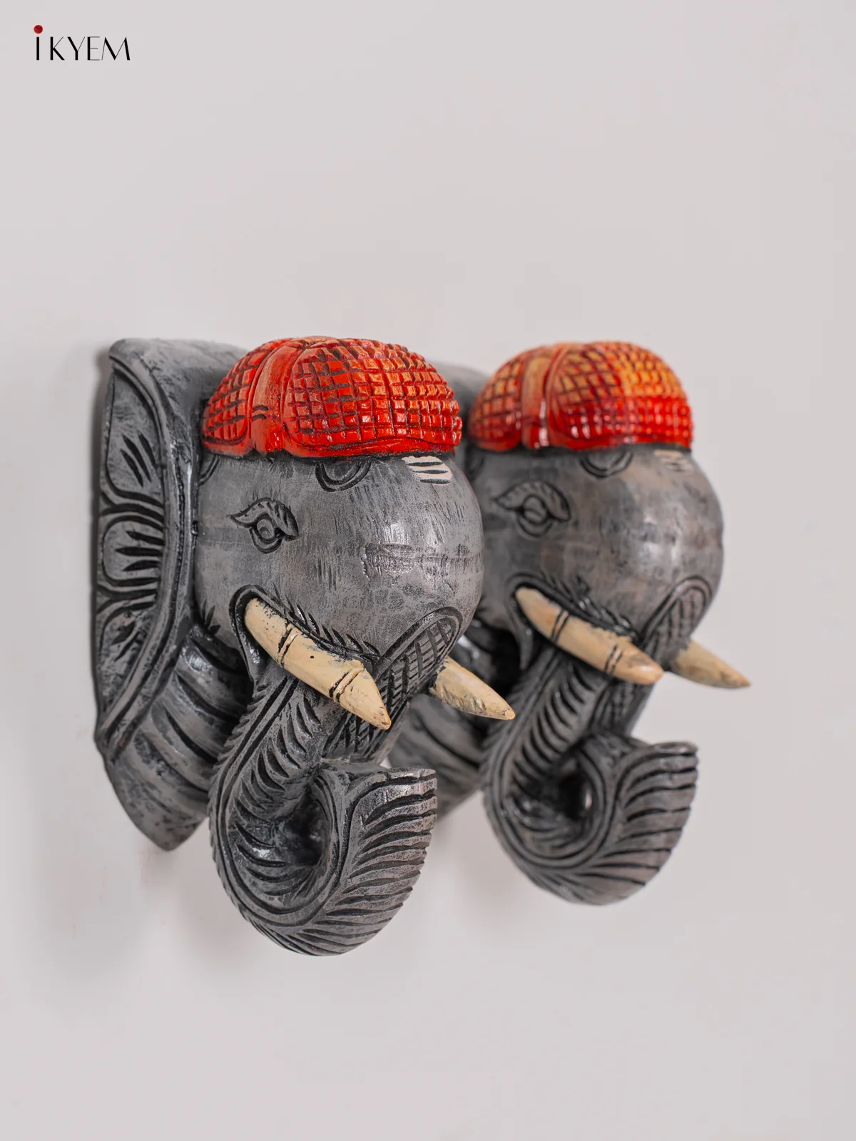 Wooden Hand Painted Carved Elephant Head Wall Bracket - Set of 2 - Grey - KK01156