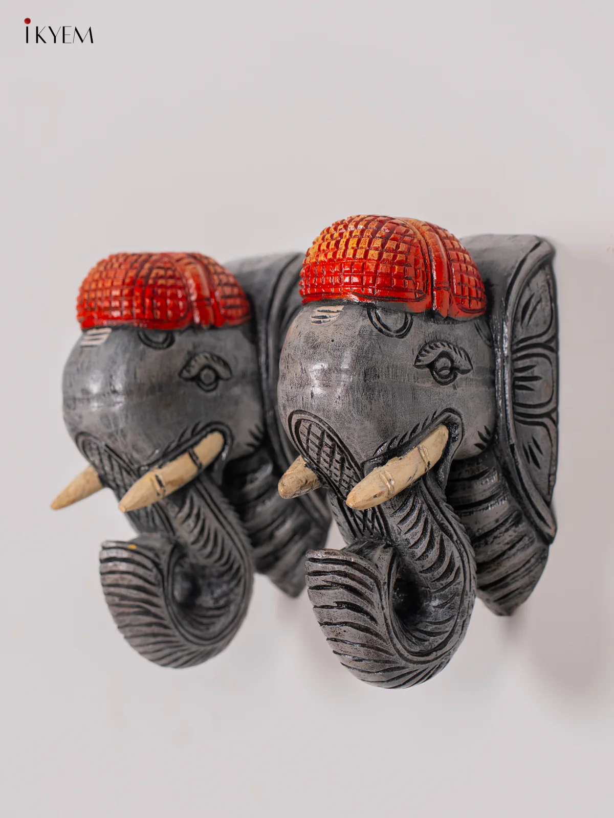 Wooden Hand Painted Carved Elephant Head Wall Bracket - Set of 2 - Grey - KK01156 - Image 2