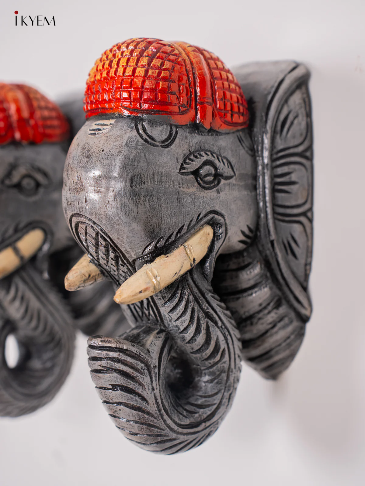 Wooden Hand Painted Carved Elephant Head Wall Bracket - Set of 2 - Grey - KK01156 - Image 3