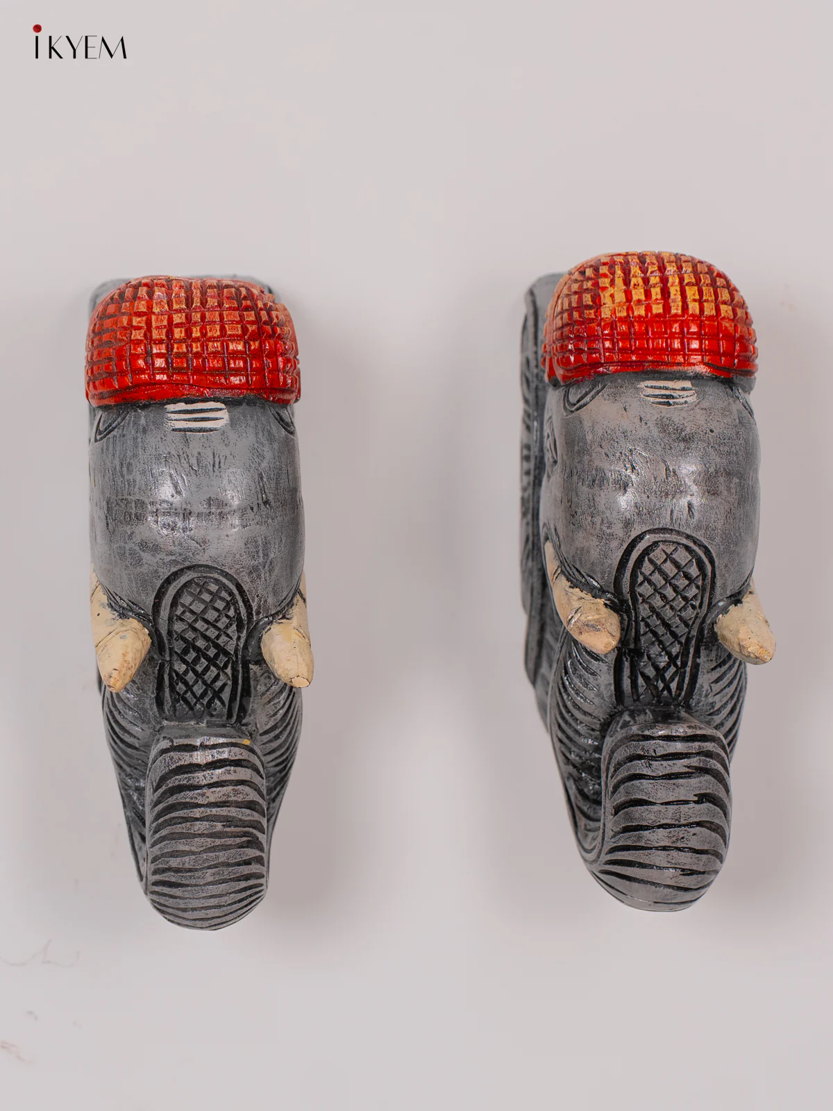 Wooden Hand Painted Carved Elephant Head Wall Bracket - Set of 2 - Grey - KK01156 - Image 4