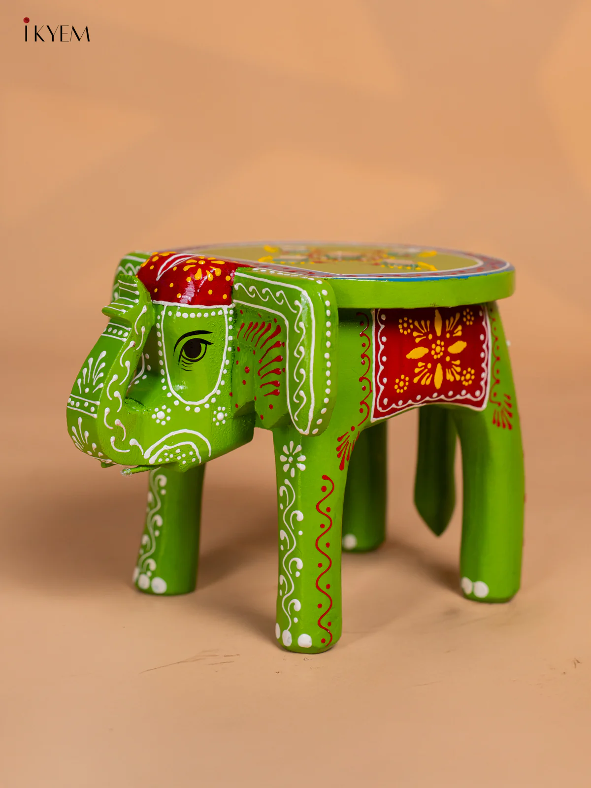 Hand-Painted Wooden Elephant Stool - Green - 6 Inches - KK04112