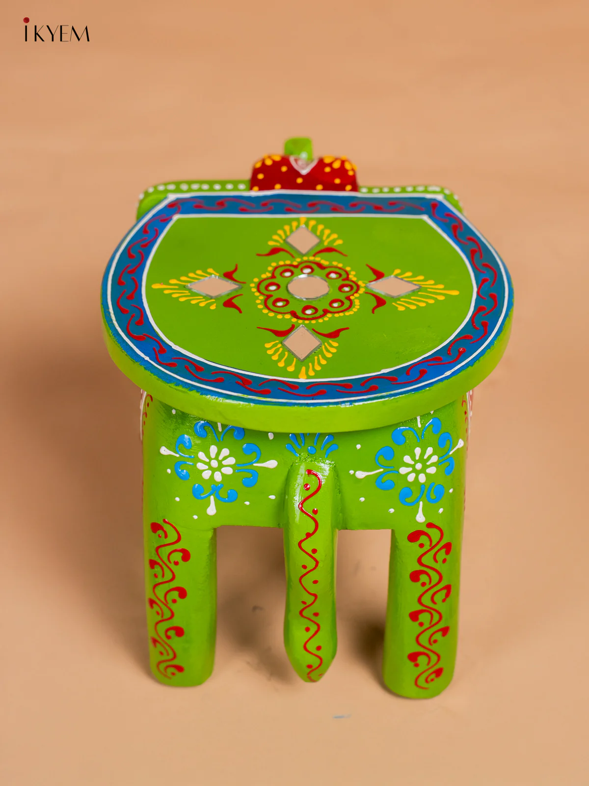 Hand-Painted Wooden Elephant Stool - Green - 6 Inches - KK04112 - Image 4