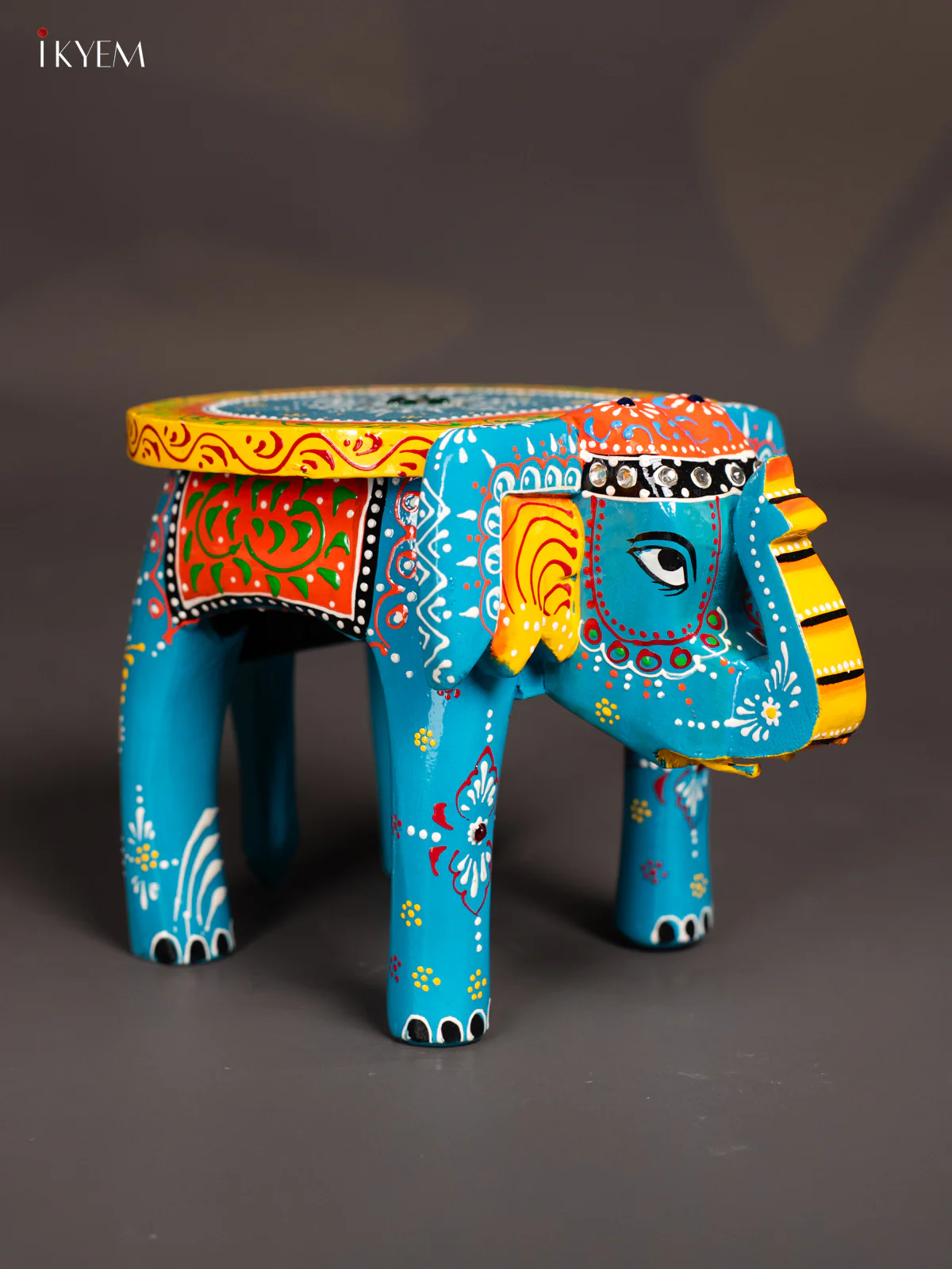 Hand-Painted Wooden Elephant Stool - Sky Blue - 6 Inches - KK04114