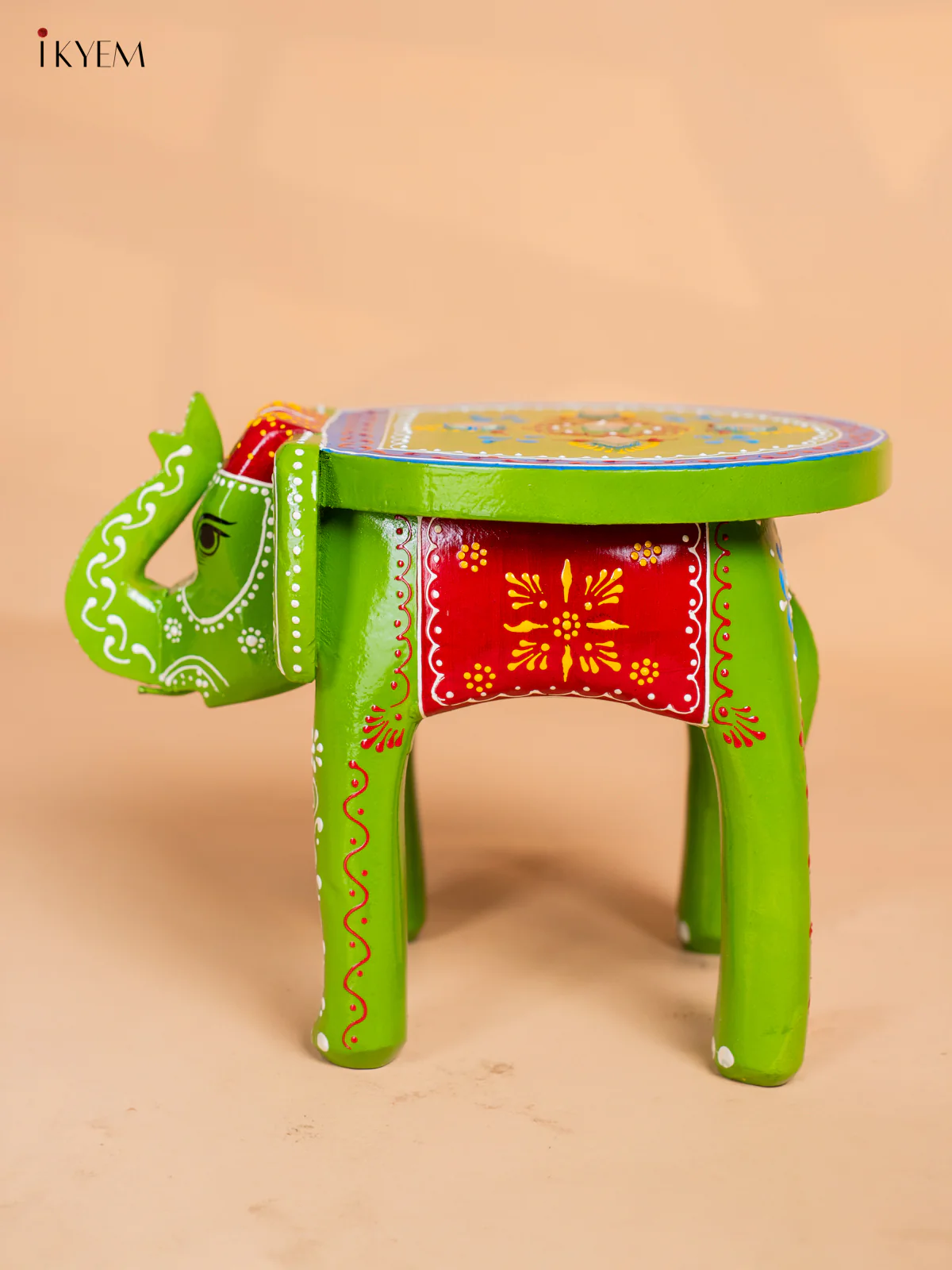 Hand-Painted Wooden Elephant Stool - Green - 8 Inch - KK04115 - Image 3