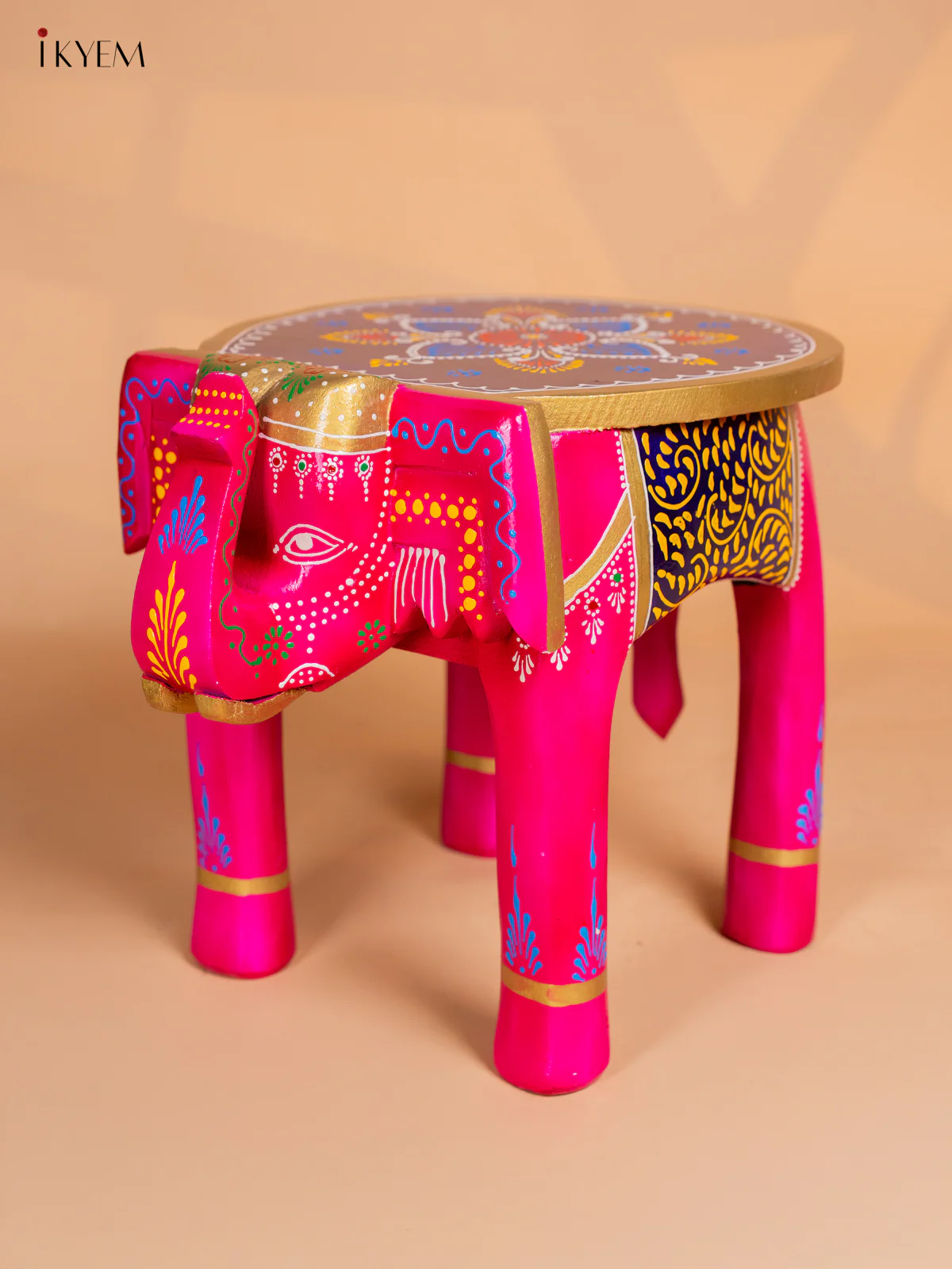 Pink Hand-Painted Wooden Elephant Stool - 12 Inch - KK04116