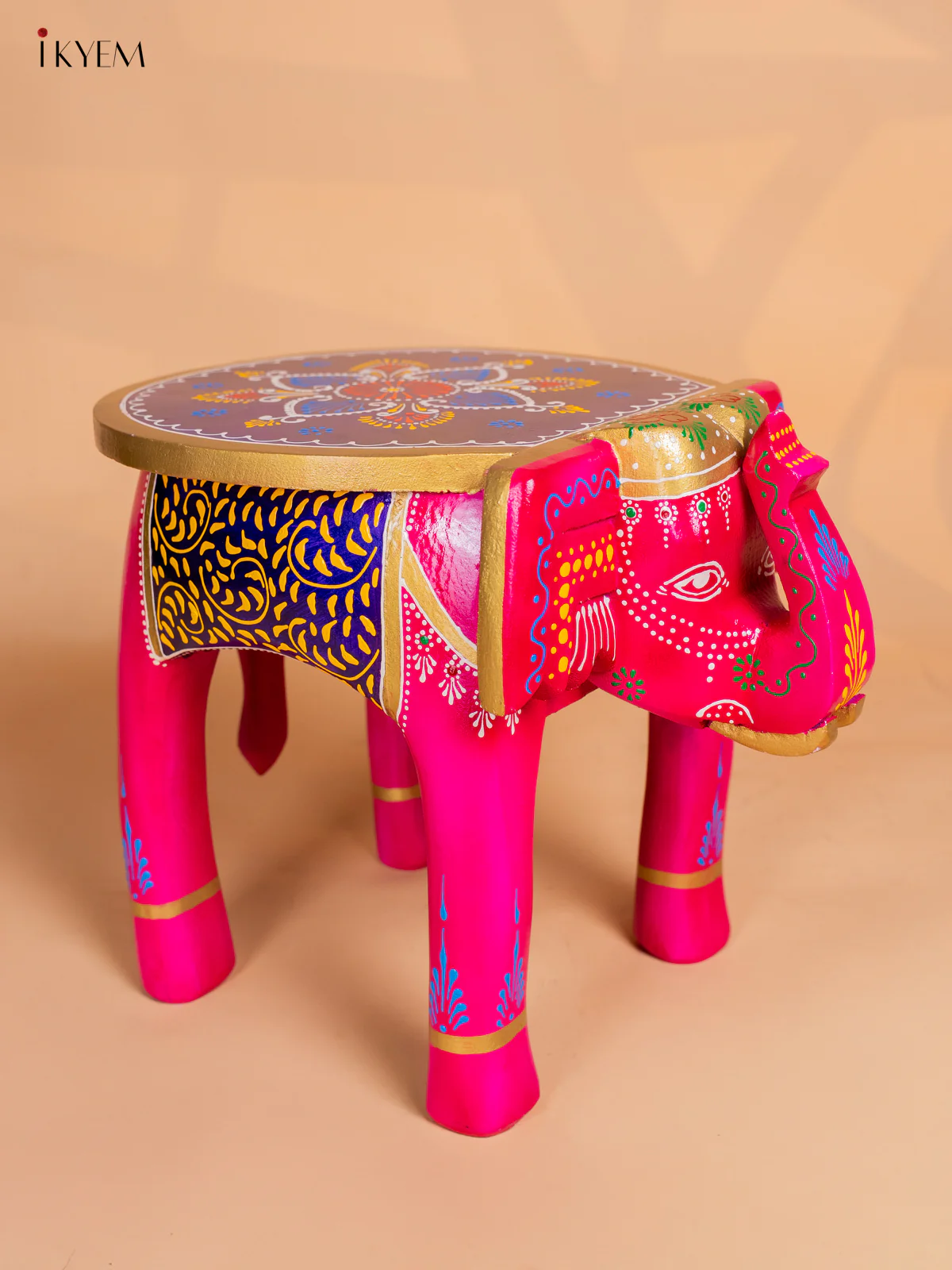 Pink Hand-Painted Wooden Elephant Stool - 12 Inch - KK04116 - Image 4