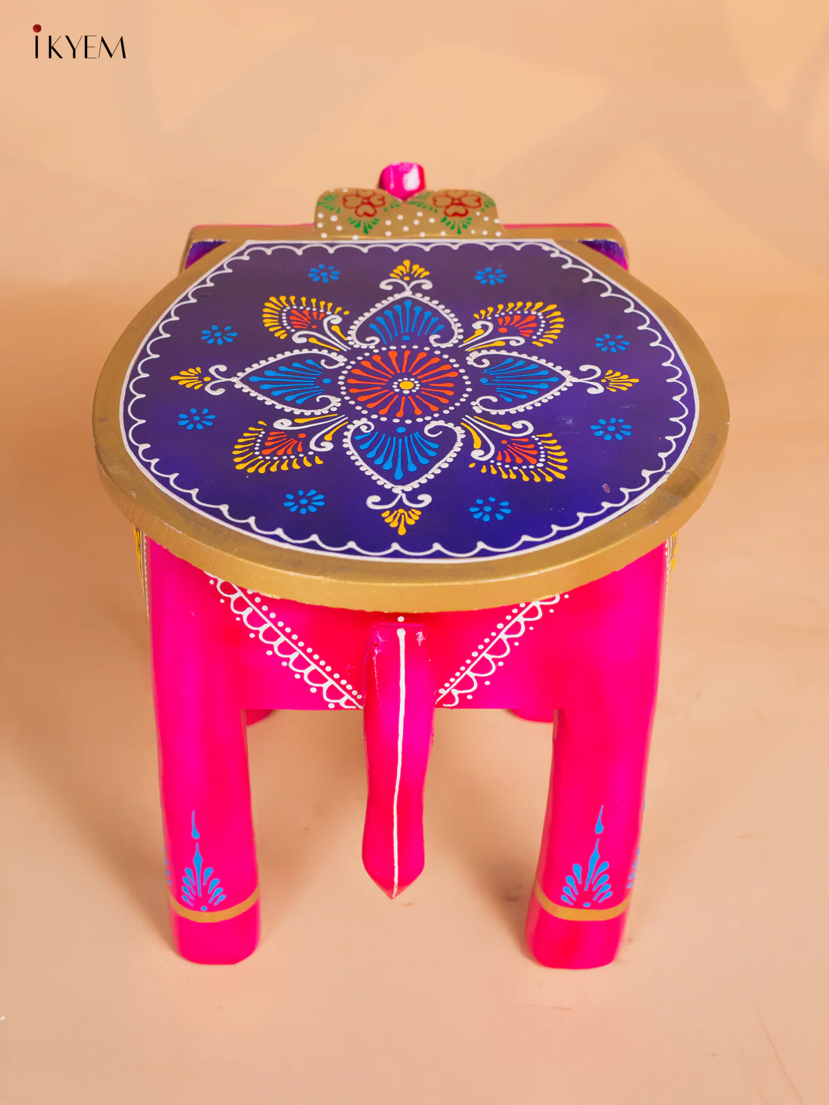 Pink Hand-Painted Wooden Elephant Stool - 12 Inch - KK04116 - Image 5