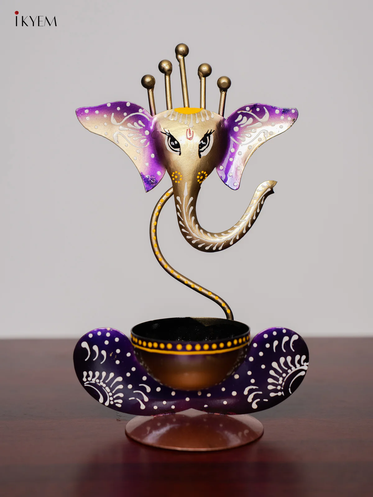 Iron Hand Painted Ganesha T-light Holder - Violet - 11 Inch - KK04118
