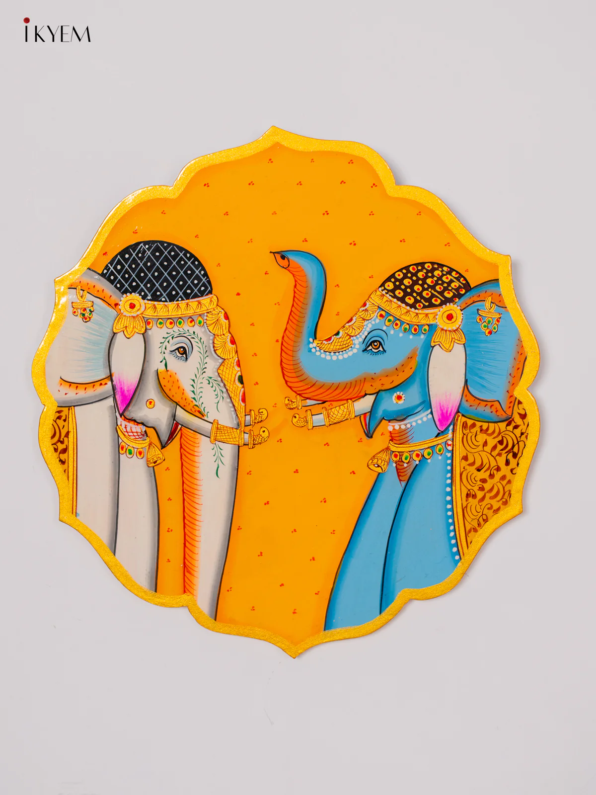 Hand-Painted Wooden Dual Elephant Wall Hanging Plates - Yellow - 10 Inch - KK05134