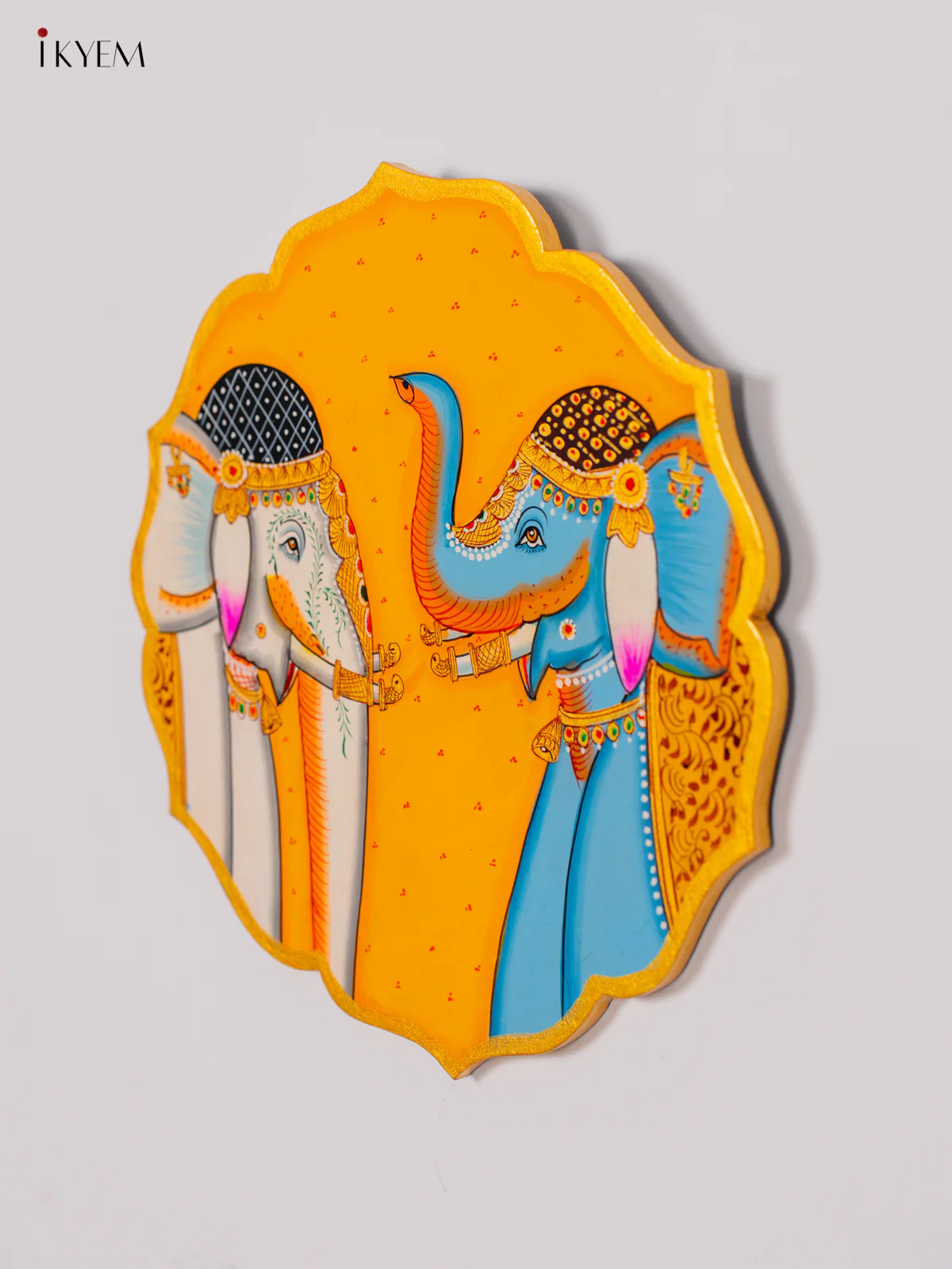 Hand-Painted Wooden Dual Elephant Wall Hanging Plates - Yellow - 10 Inch - KK05134 - Image 2