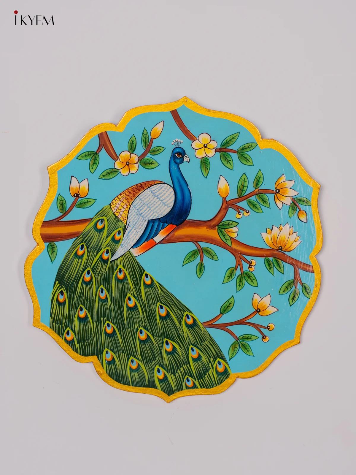 Hand-Painted Wooden Peacock Wall Hanging Plates - Sky Blue - 10 Inch - KK05136