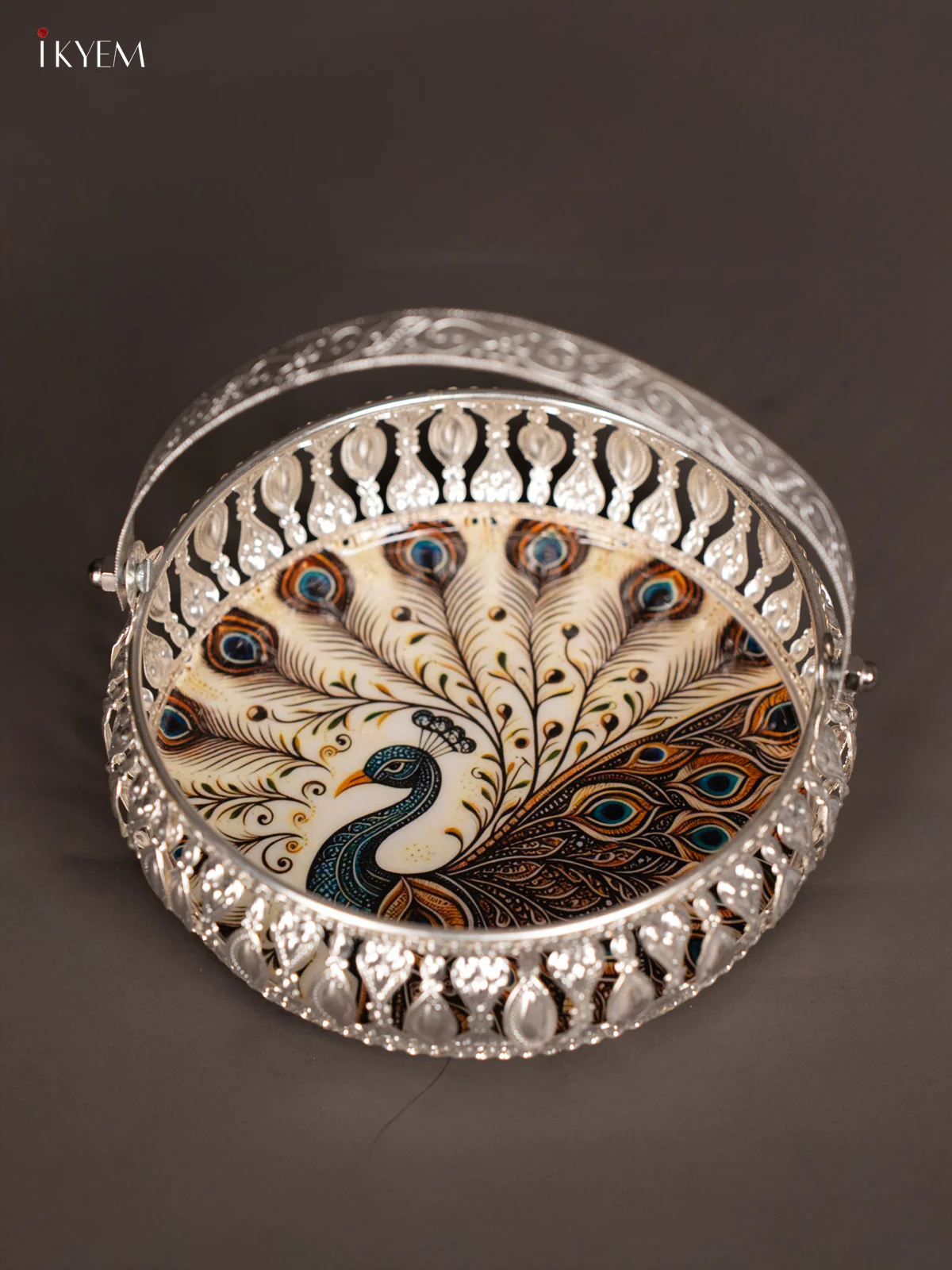 Peacock Digital Printed German Silver Tray With Handle - Beige - 6 Inch - KK06111