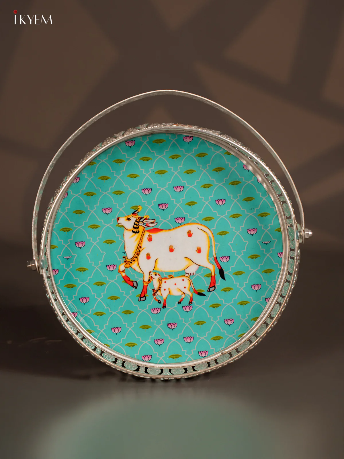 Cow & Calf Digital Printed German Silver Tray With Handle - Sky Blue - 8 Inch - KK06121 - Image 2