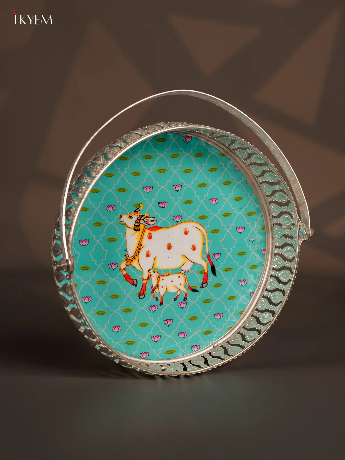 Cow & Calf Digital Printed German Silver Tray With Handle - Sky Blue - 8 Inch - KK06121 - Image 3