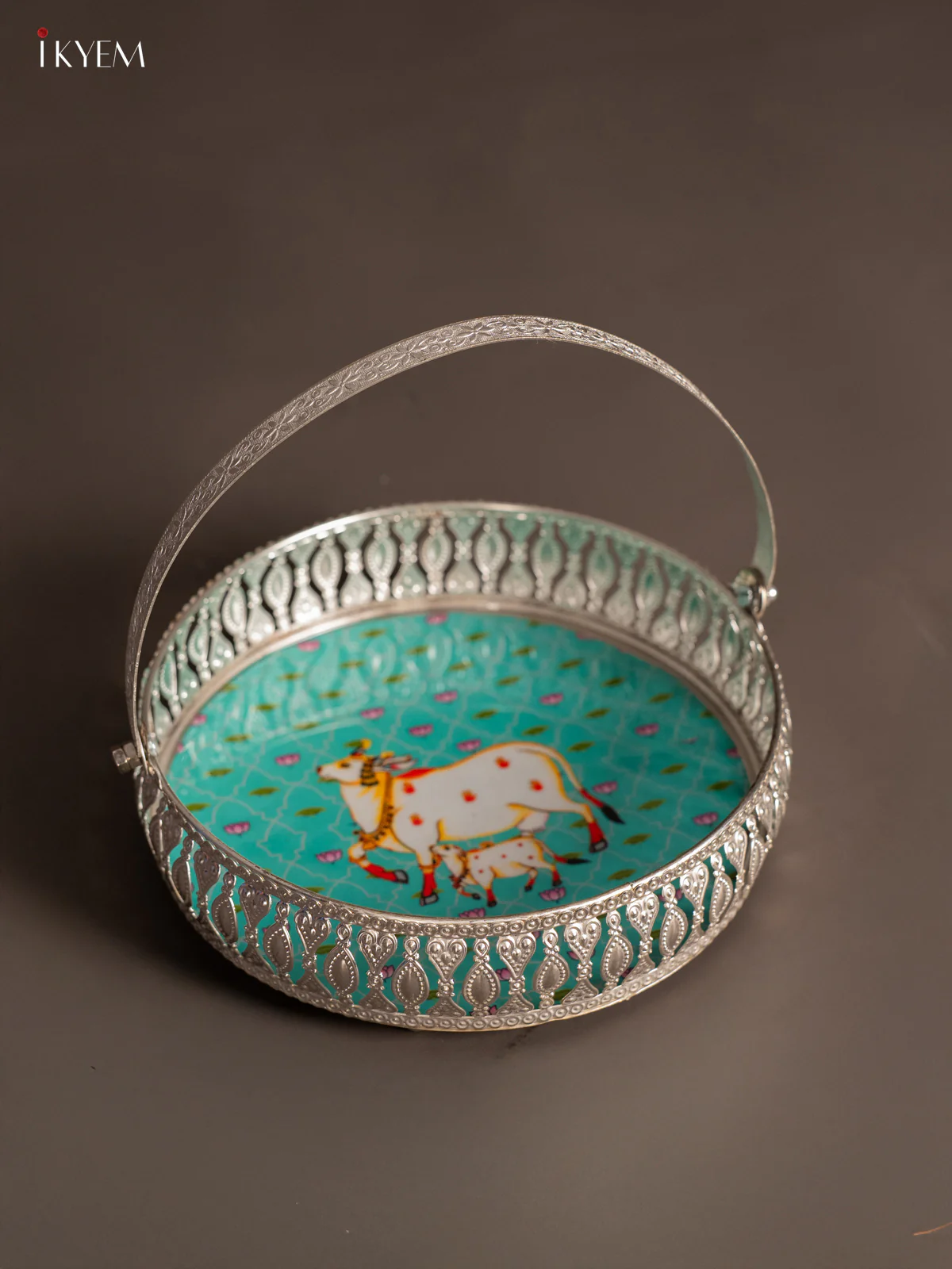 Cow & Calf Digital Printed German Silver Tray With Handle - Sky Blue - 8 Inch - KK06121 - Image 4