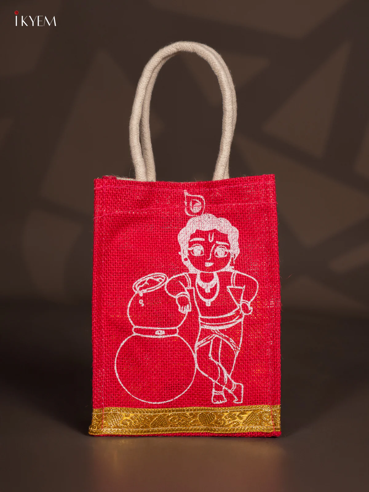 Cute Krishna Printed Red Jute Bag - 8 Inch - KK15112