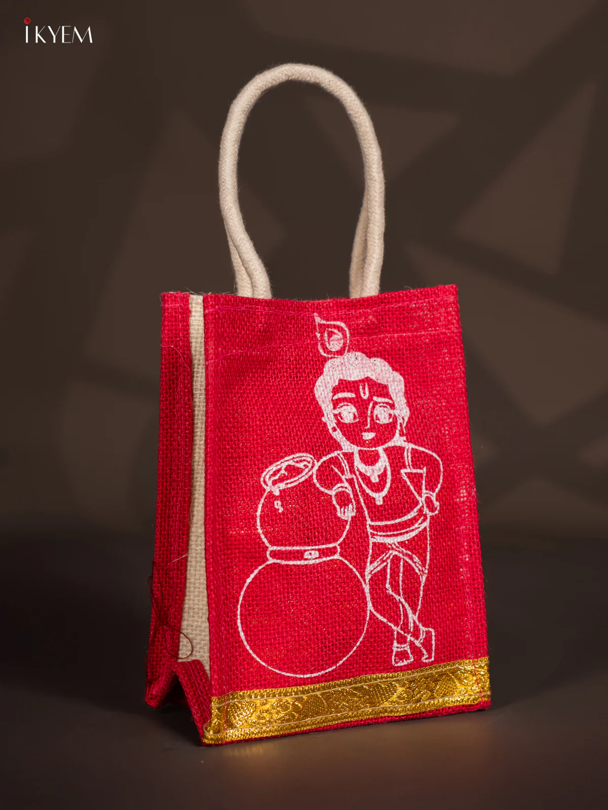 Cute Krishna Printed Red Jute Bag - 8 Inch - KK15112 - Image 2