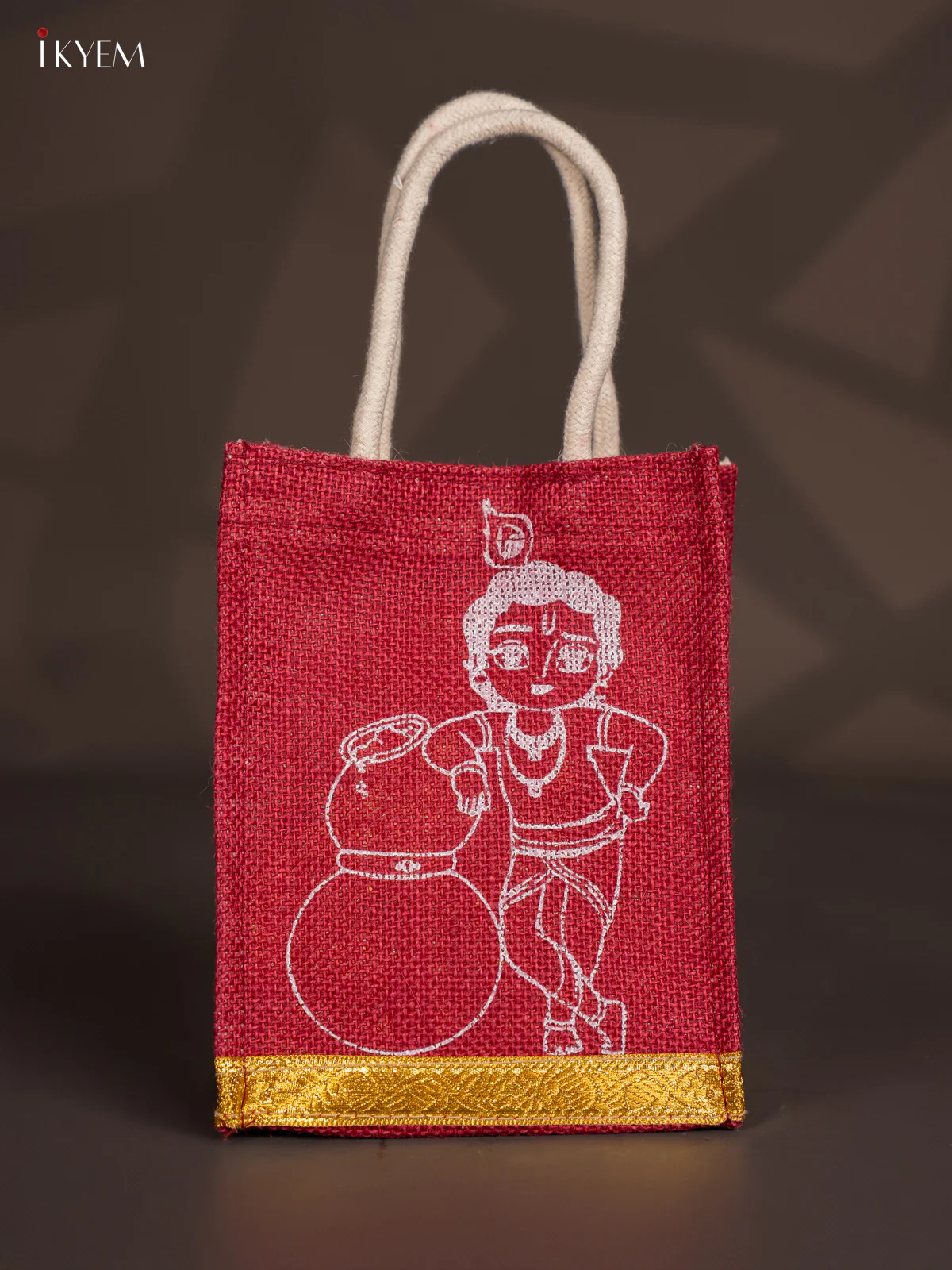 Cute Krishna Printed Maroon Jute Bags - 8 Inch - KK15113