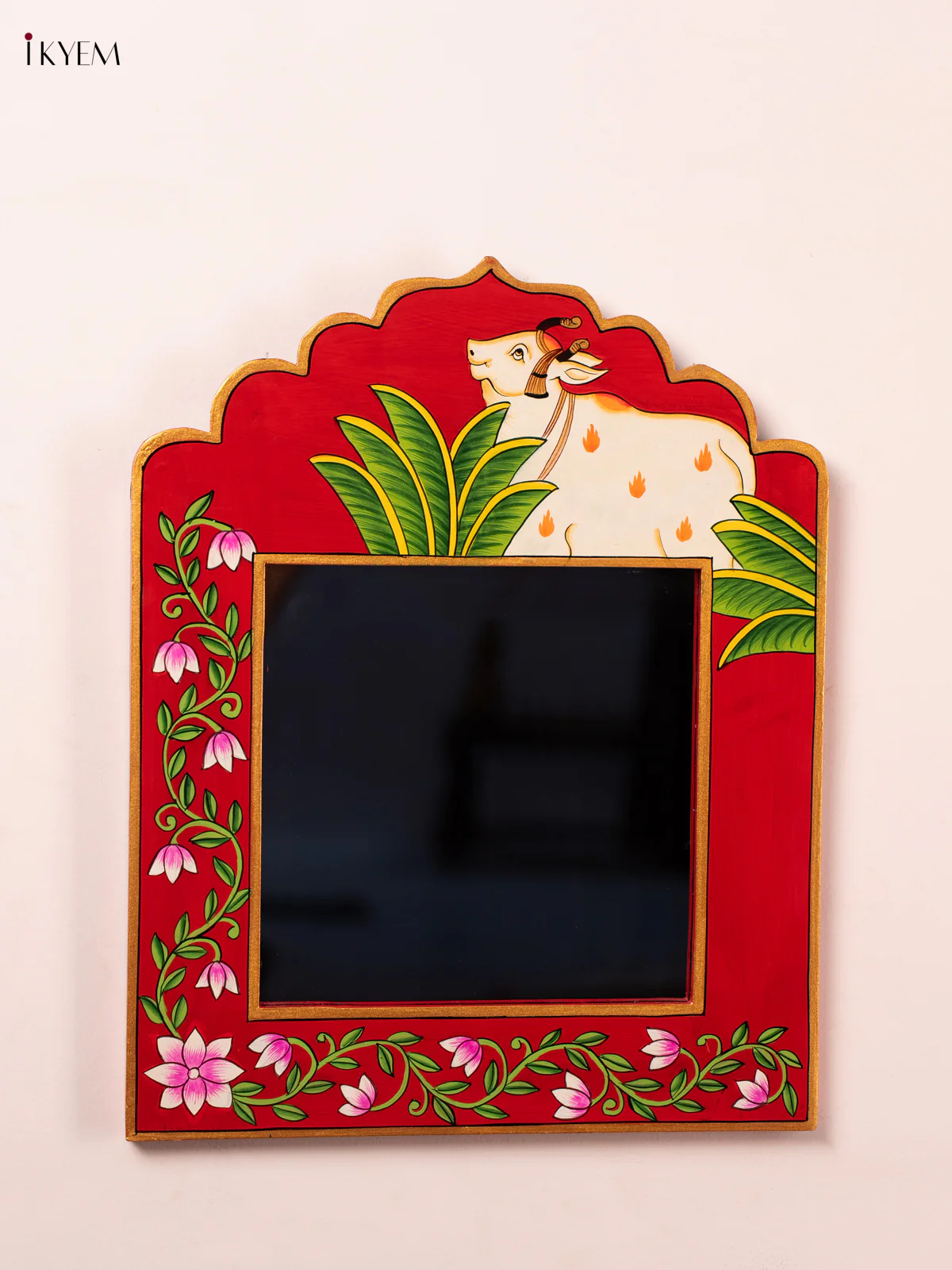 Wooden HandPainted Mirror wall Frame - Cow- Red