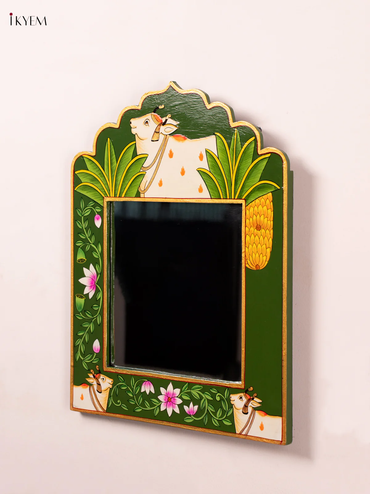 Wooden HandPainted Mirror wall Frame - Cow - Green - Image 3