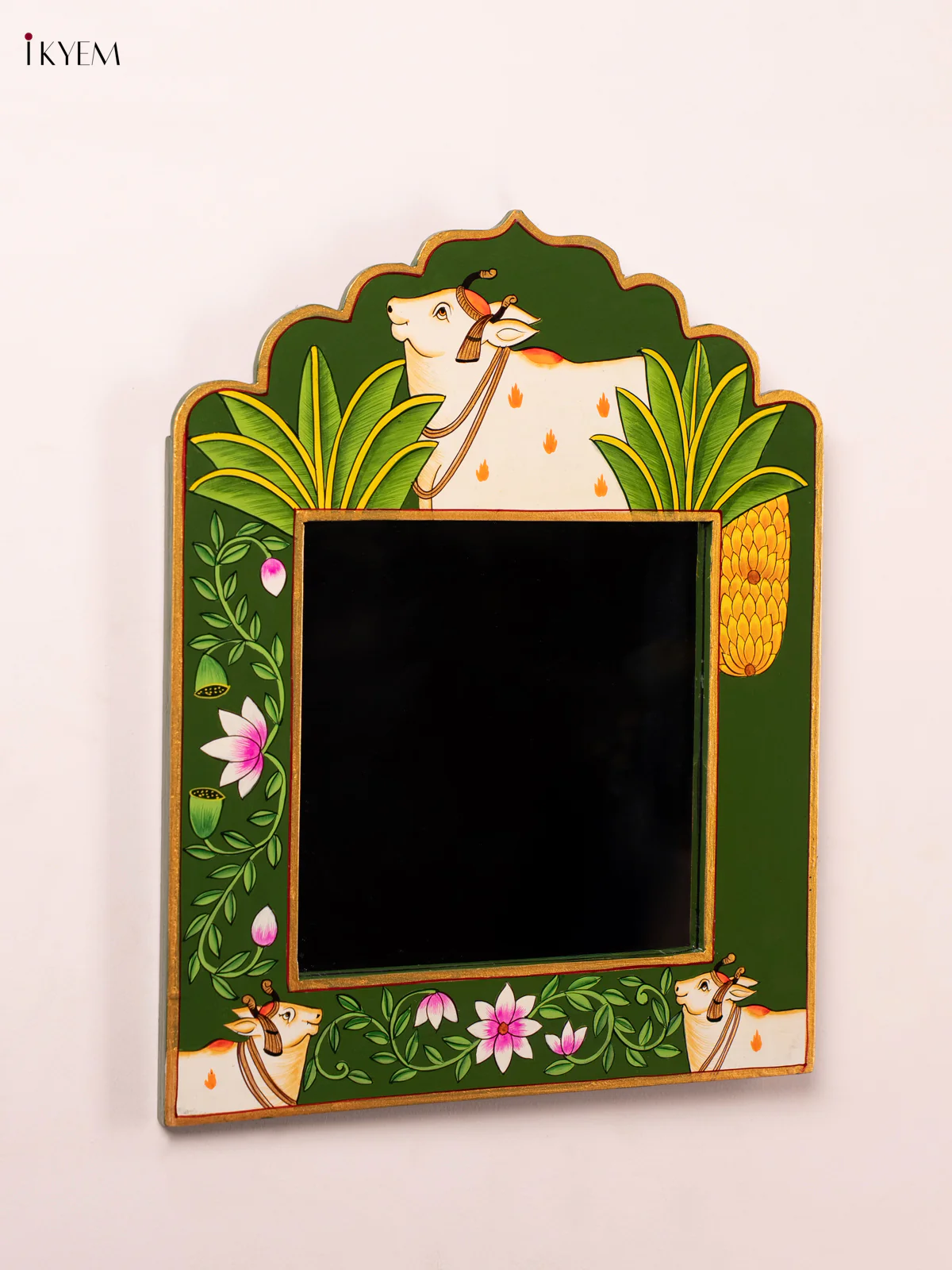 Wooden HandPainted Mirror wall Frame - Cow - Green - Image 4