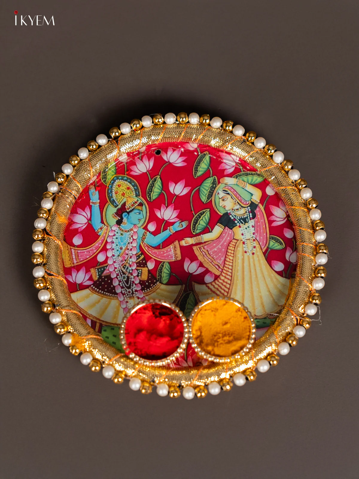Radha Krishna Printed Red Plate with Haldi-Kumkum Holder – 4.5 Inch - KK17113
