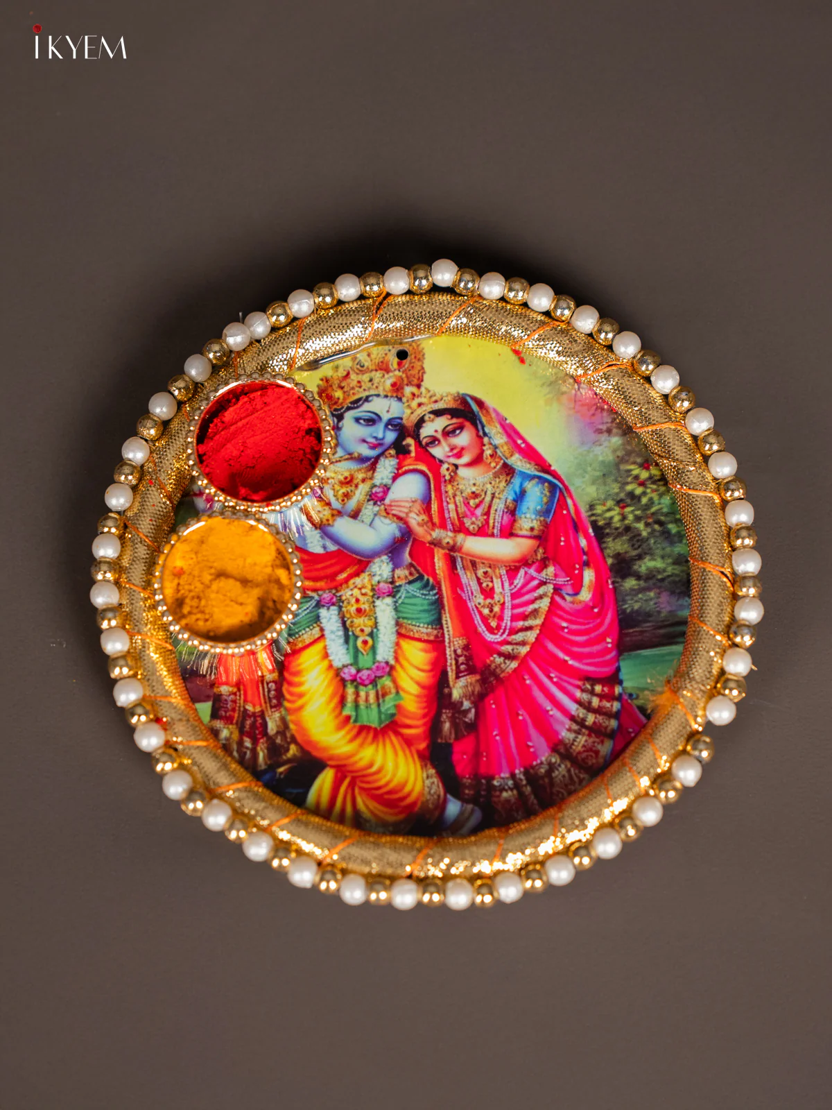 Radha Krishna Printed Plate with Haldi-Kumkum Holder – 4.5 Inch - KK17114