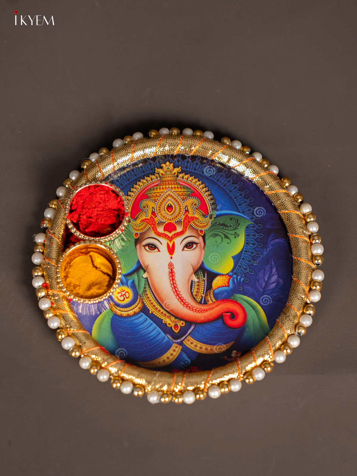 Ganesha Printed Blue Pooja Plate with Haldi Kumkum Holder – 4.5 Inch - KK17115